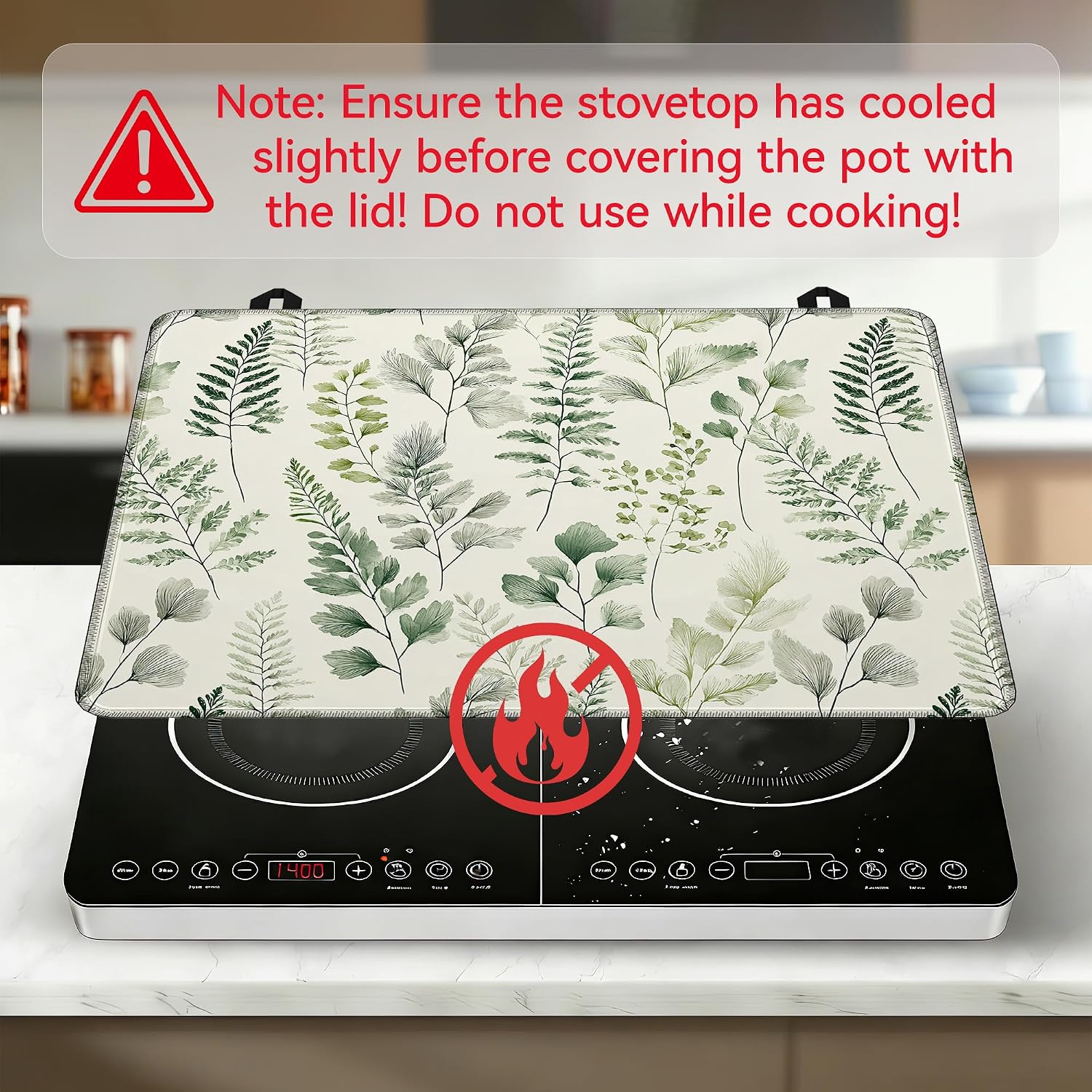 Anti-Slip Electric Stove Top Cover, 28"x20" Foldable Heat-Resistant Glass Stove Cover, Multi-Scenario Use Dish Drying Mat, Green Leaves