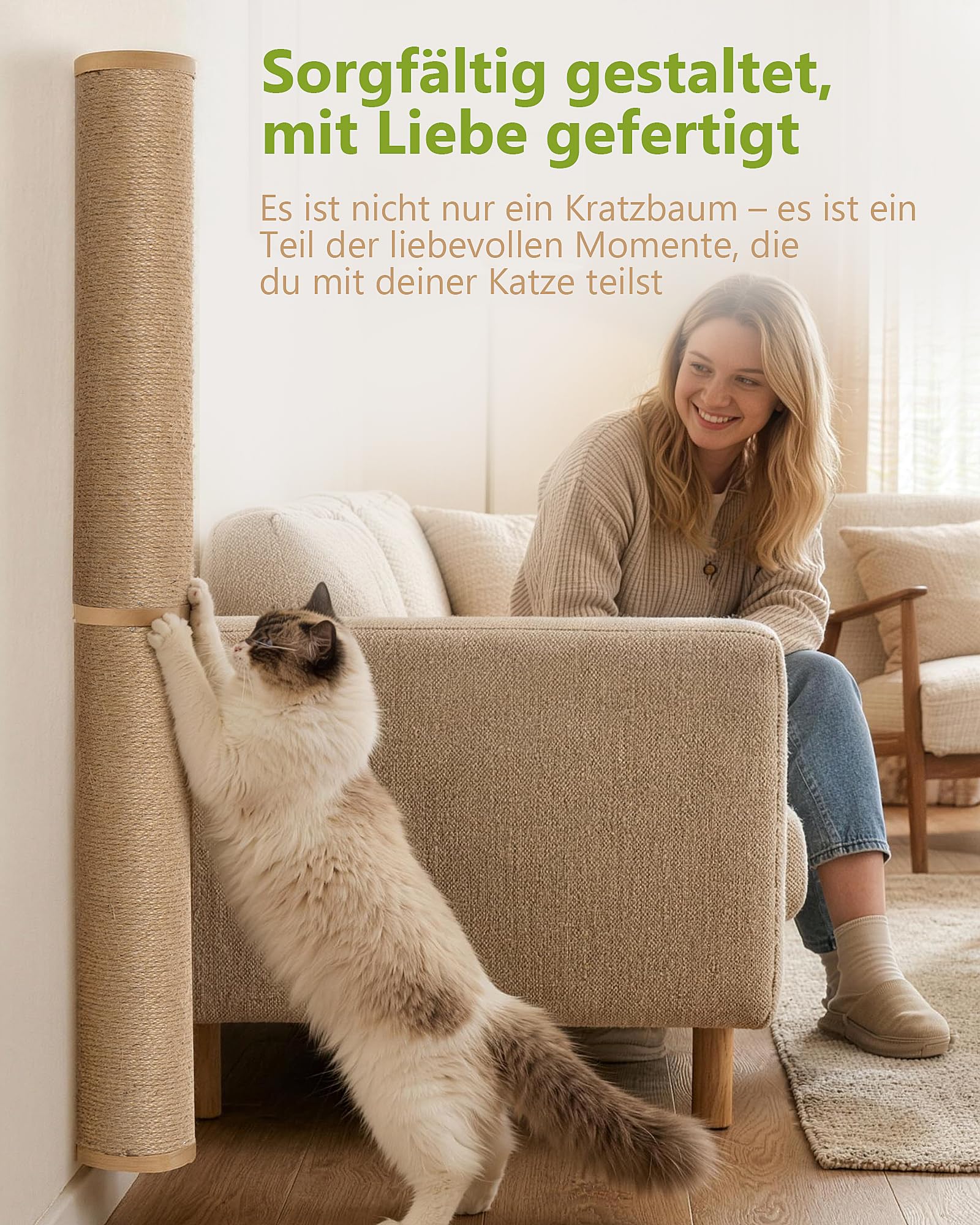 Kratzsäule für Katzen zur Wandmontage, 86 cm hoch Kratzbaum Wandmontage Holz, Stabiler Wandsäule aus natürlichem Juteseil, platzsparendes und drehbarem Design