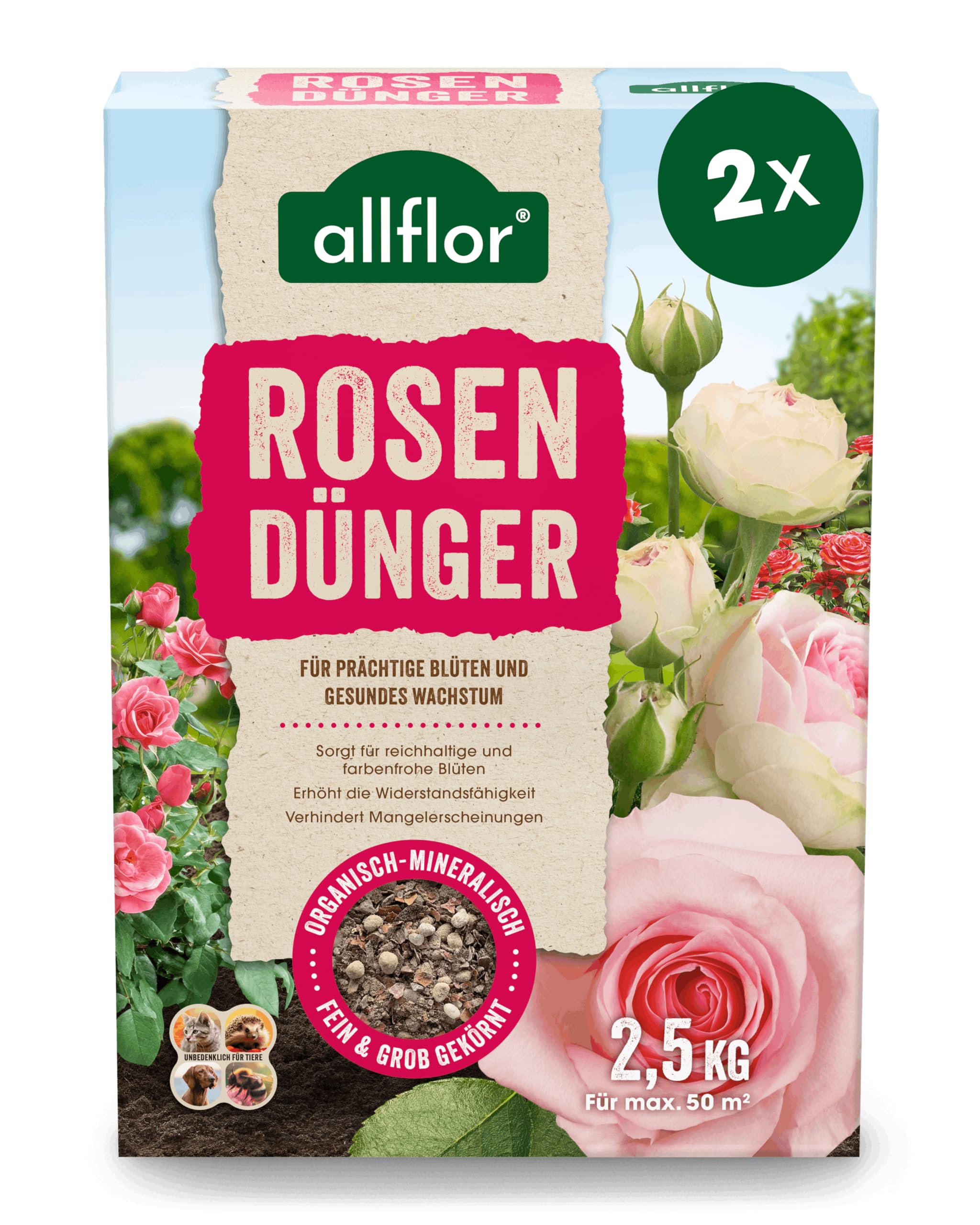 Allflor Rosen-Dünger 2 x 2,5 Kg in der Faltschachtel I Rosendünger mit organisch-mineralischer Nährstoffkombination und spezieller Rosen-Formel I NPK-Dünger 5+7+4 plus Magnesium