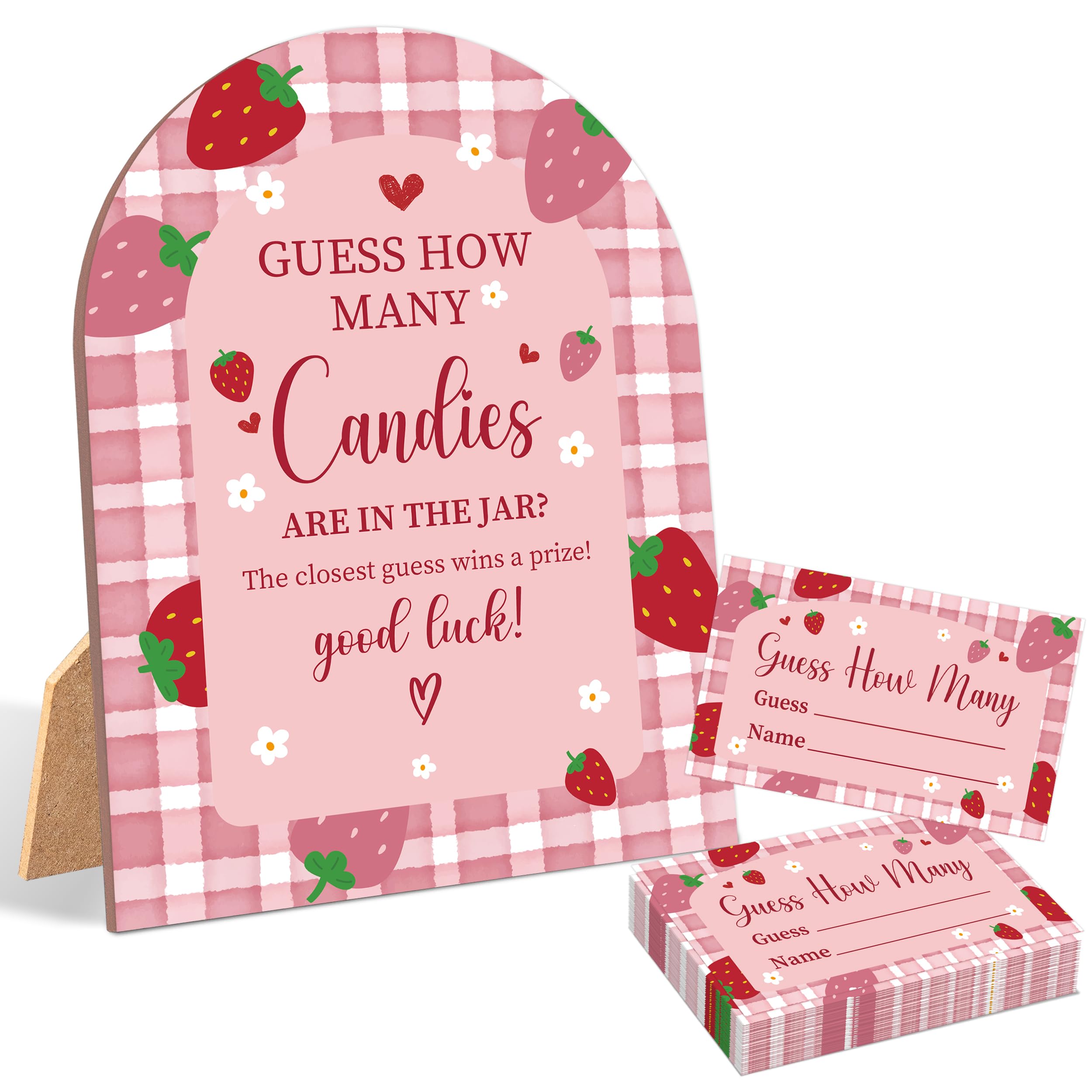 Juego de 51 piezas de fresa Cuántos dulces están en el tarro, juego de baby shower, letrero de madera de arco de 6 x 8 pulgadas con soporte y 50 tarjetas de adivinación, decoración de fiesta neutral