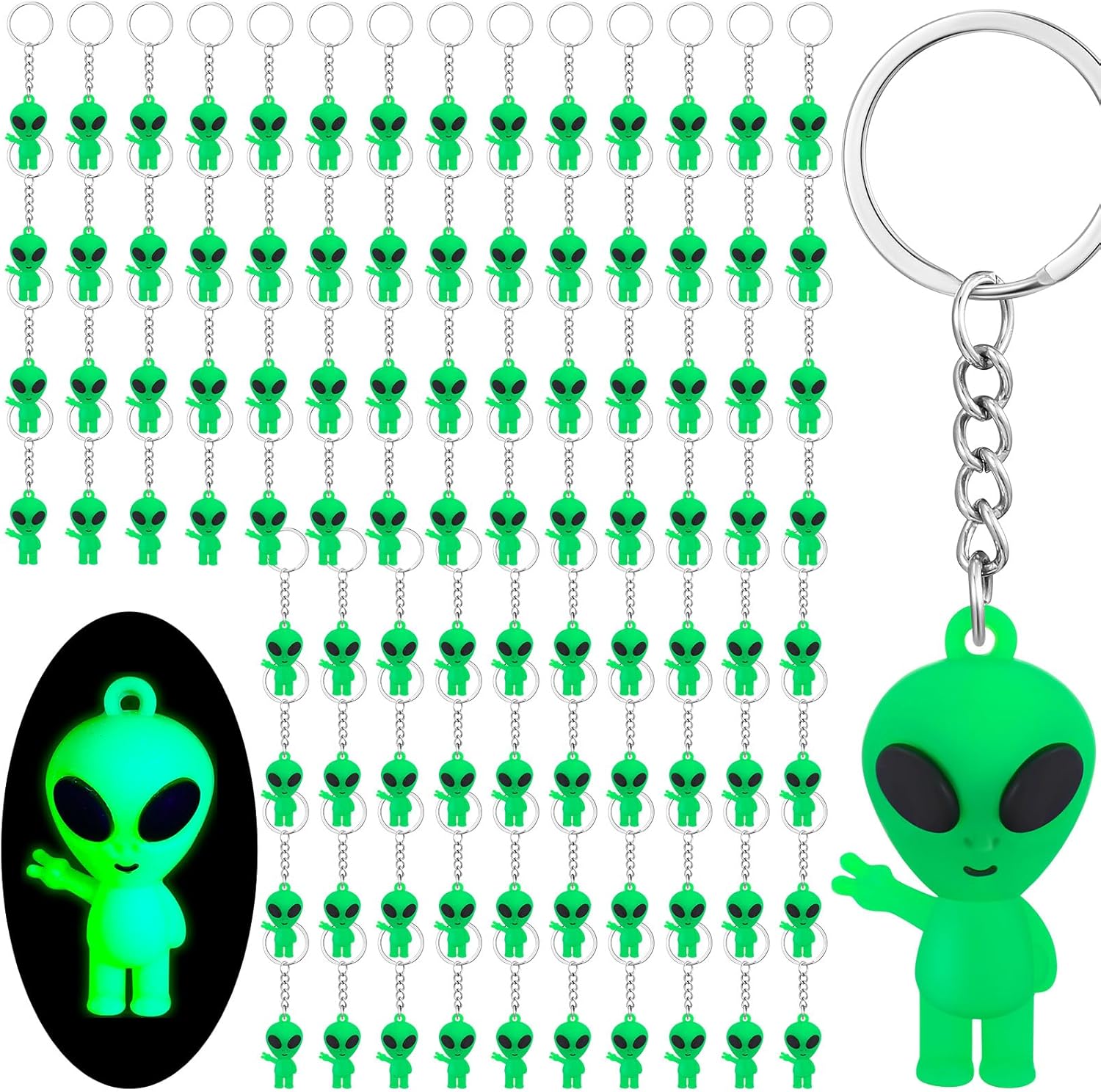 Equsion 50 Pcs Alien Party Favors Alien Keychains Glow in The Dark Space Keychain Mini Rave Trinkets Aliens Figures Little Bulk Gift Prize Christmas Stocking Stuffer for Music Easter Decor (Green)