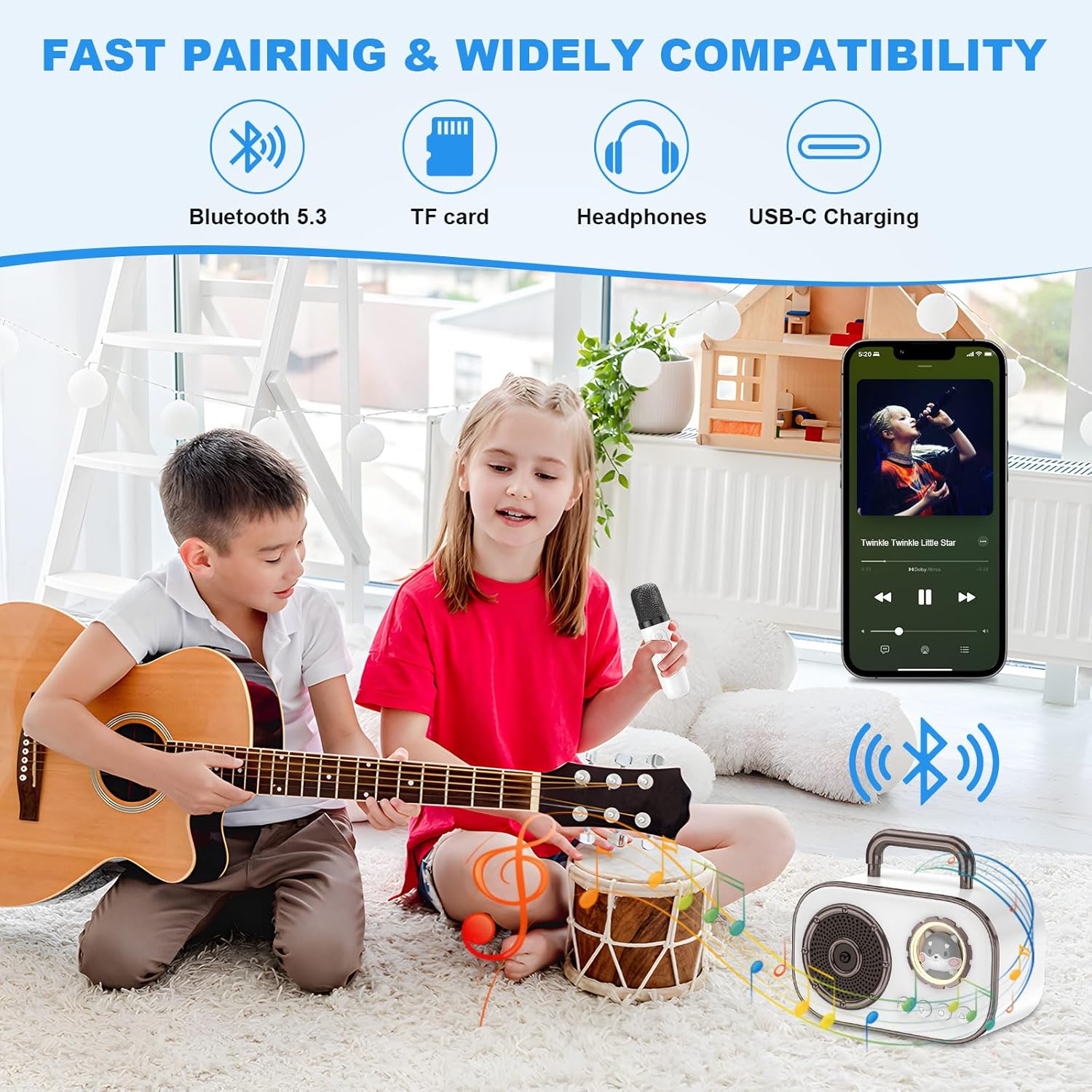 Mini Karaoke Machine for Kids Adults, Fun Portable Bluetooth Speaker with 2 Wireless Microphones, Stereo Sound Enhanced, Rich Bass, Cute Music Toys for Girls and Boys Ages 3-12 to Sing Loudly