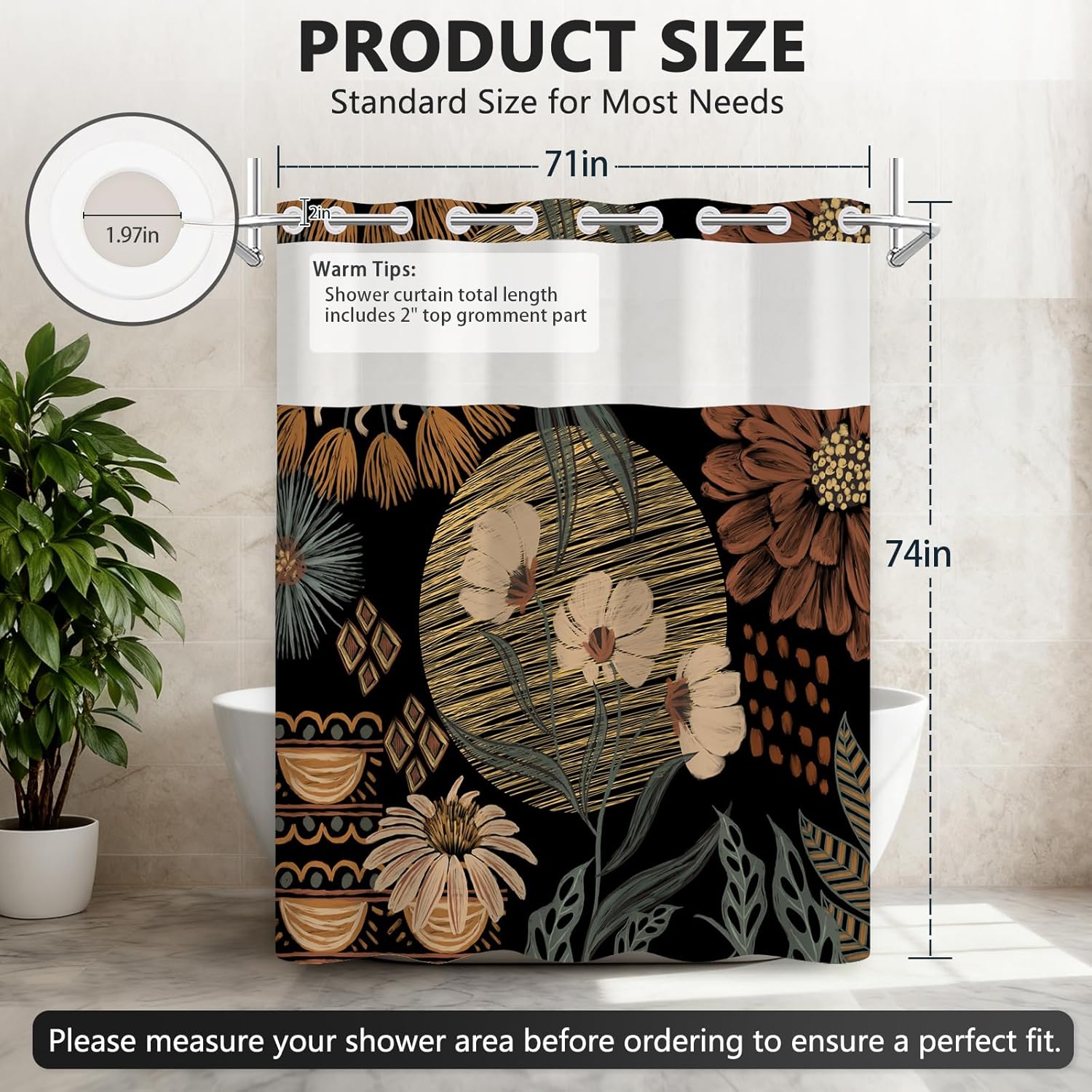 Double Layer Waterproof No Hook Shower Curtain and Liner Set, Boho Shower Curtains for Bathroom with Sheer Top Window, Retro Washable Shower Curtain with Metal Weights, Standard Size 71x74 Inches