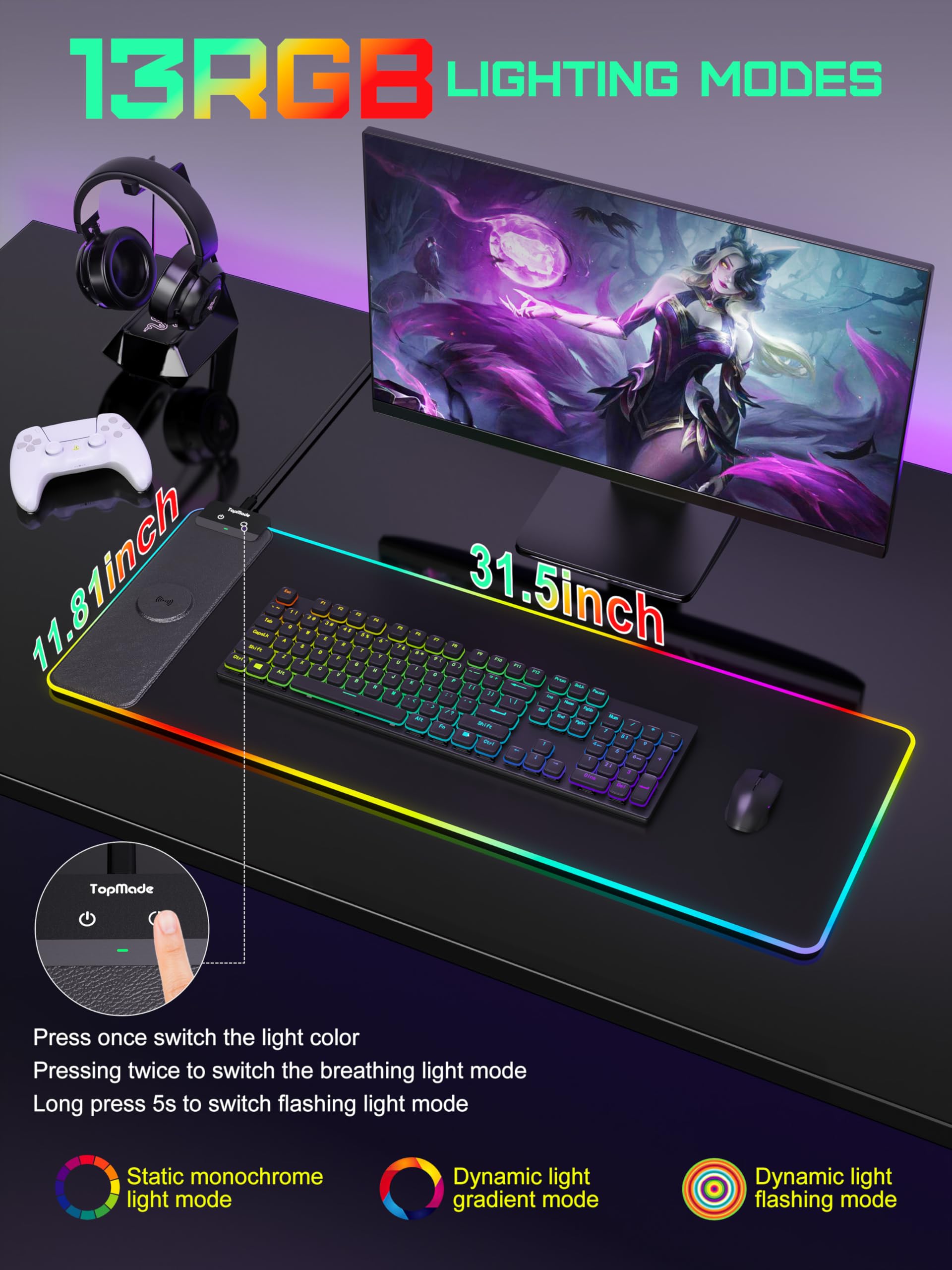 TopMade Alfombrilla de mouse RGB para juegos, alfombrilla de mouse de carga inalámbrica de 15 W con 13 modos de luz, superficie ultrasuave, base antideslizante, alfombrilla de teclado impermeable