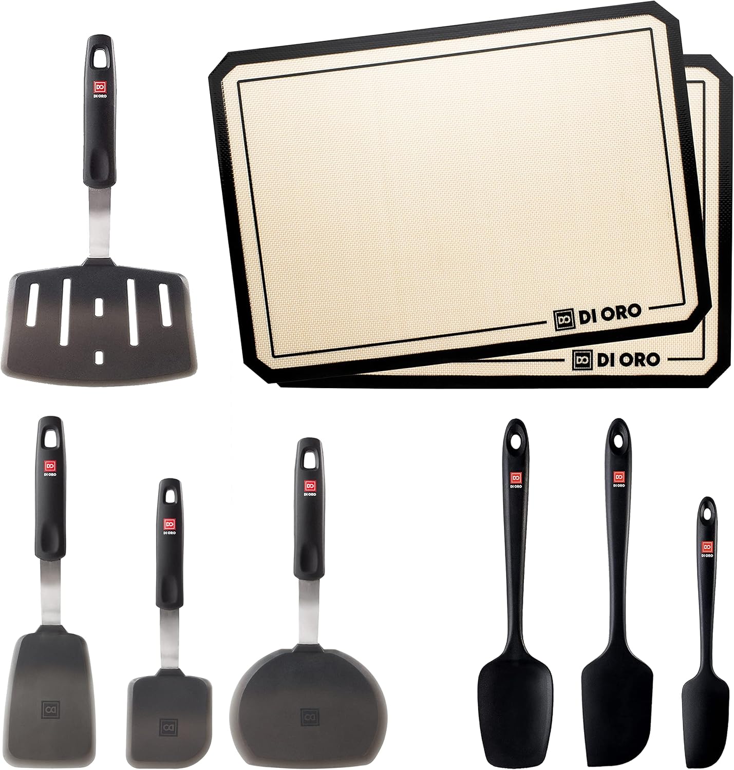 DI ORO 9-Piece Silicone Turner & Seamless Spatula Sets, & Baking Mat 2-Piece Set - 600°F Heat-Resistant Kitchen Spatulas - Dishwasher Safe, Food Grade, BPA Free - Tools for Cooking and Baking (Black)