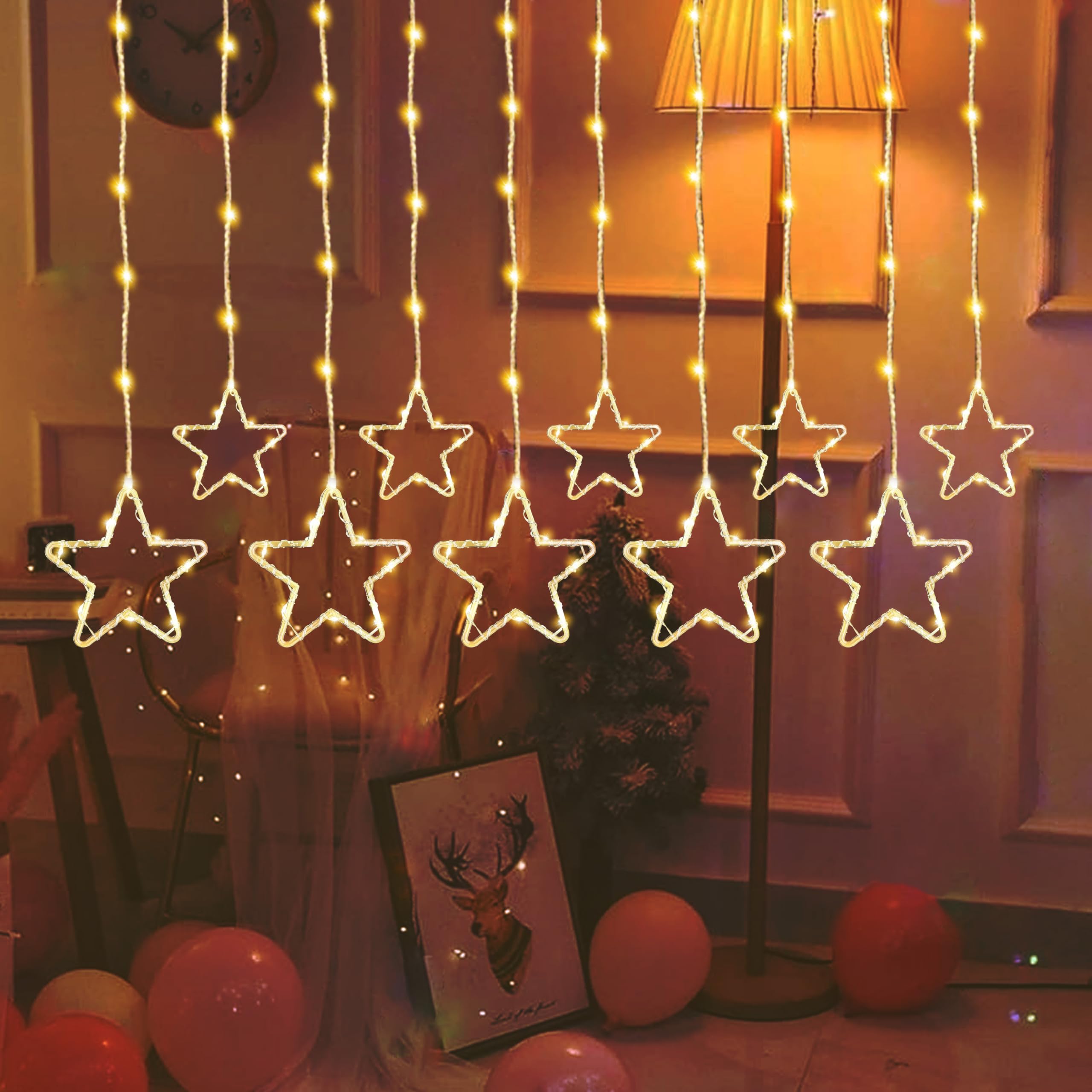Gesto 10 Star Curtain Lights – 111 SMD LED Warm White Fairy Lights with 8 Flashing Modes | AC Powered Diya Lights for Ho