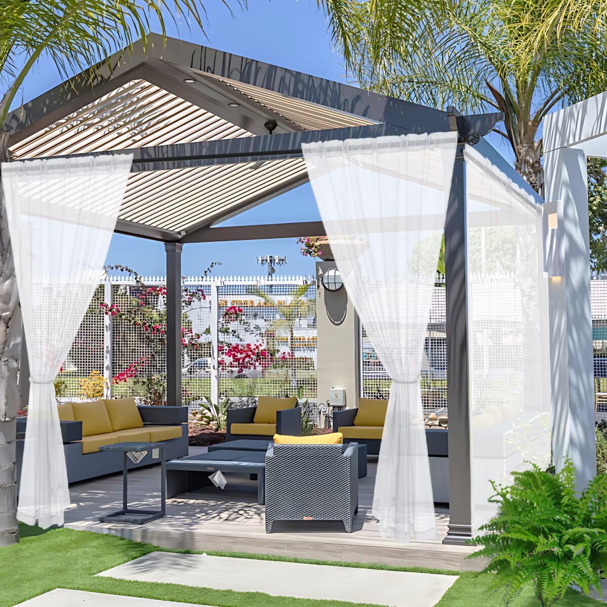 youleyar White Outdoor Sheer Curtains for Patio Waterproof - 6 Panels Linen Look Rod Pocket Curtain Light Filtering Outside Drapes for Living Room, Pergola, Cabana, Gazebo, 52" W x 84" L, White