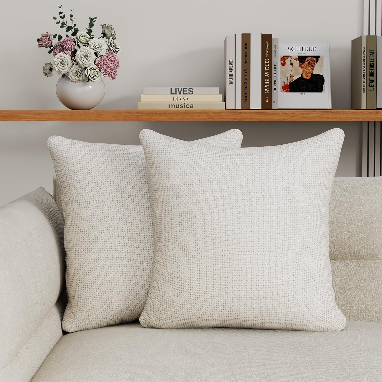 2 Pack Throw Pillows with Inserts Included 18×18 Linen Decorative Pillow Covers with Inserts for Sofa Living Room Home Office Car Home Decor (Beige)