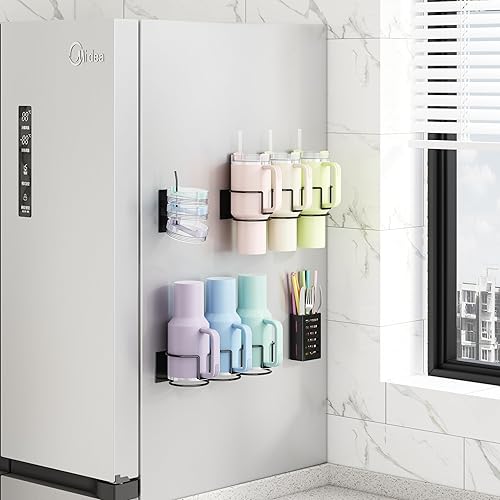 Miniatura 7 de Portavasos magnético para refrigerador, se adapta a vasos Stanley de 203040 onzas, organizador de botellas de agua con estante para tapa y soporte