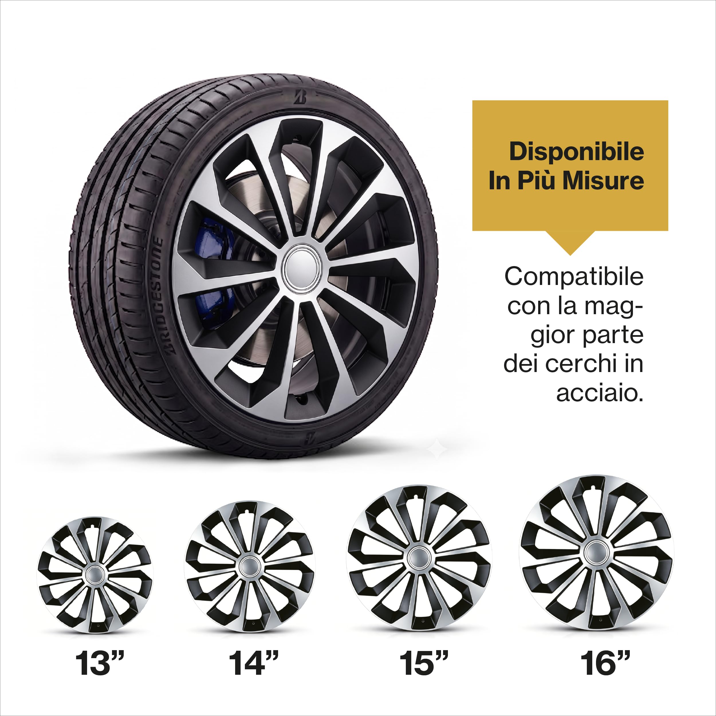 Set 4 Copricerchi Auto Universali in ABS, Coppe Ruota per Cerchi in Acciaio con Anello Metallico di Fissaggio, Nero/Argento, Installazione Rapida (16.0, Pollici, F RING MIX)