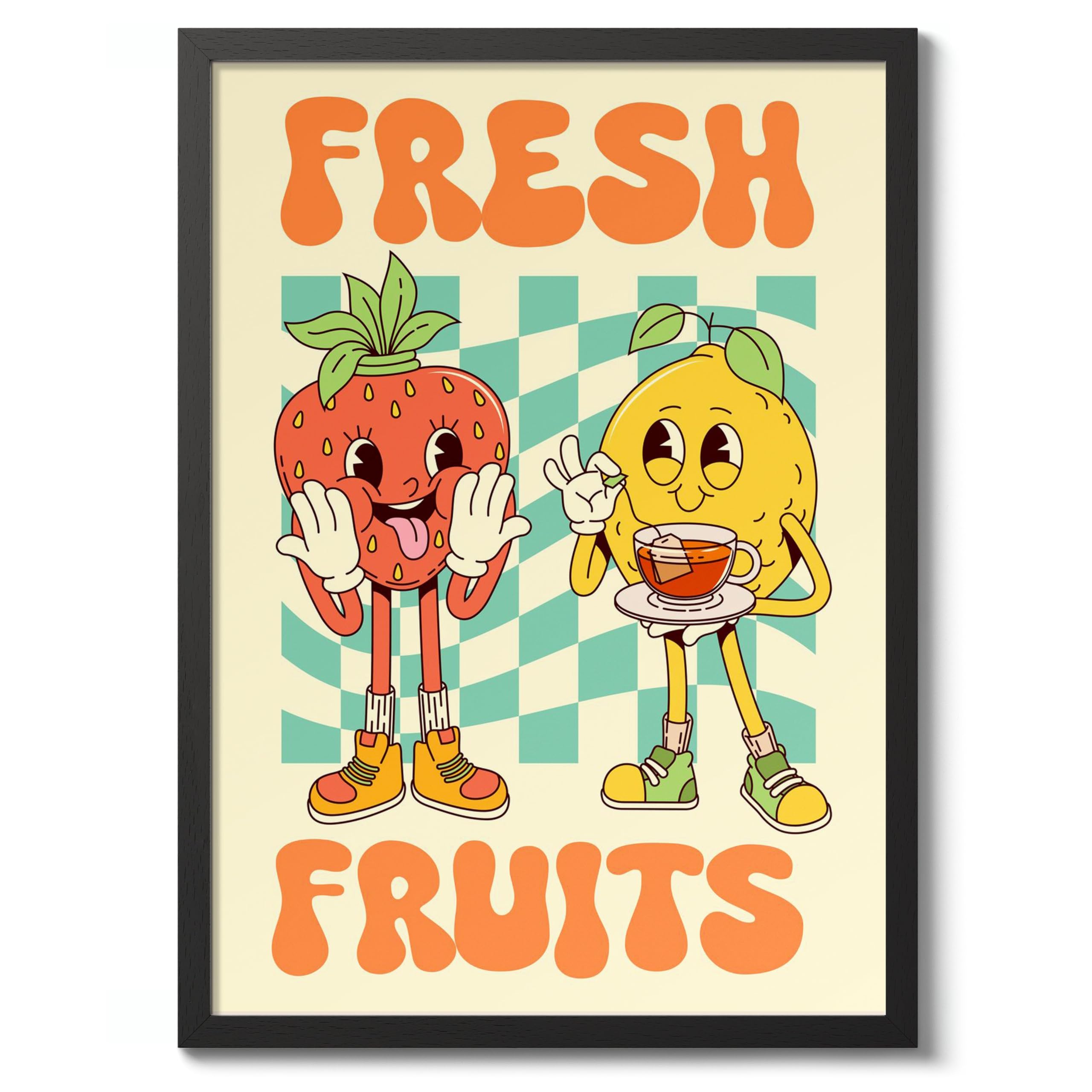 Fresh Fruits Kitchen Wall Art, Modern Food Poster, Cartoon Mascot Prints, Kitchen Typographic Home Decor, A1 (Black Frame) - 86.9x62.4cm โ image 1
