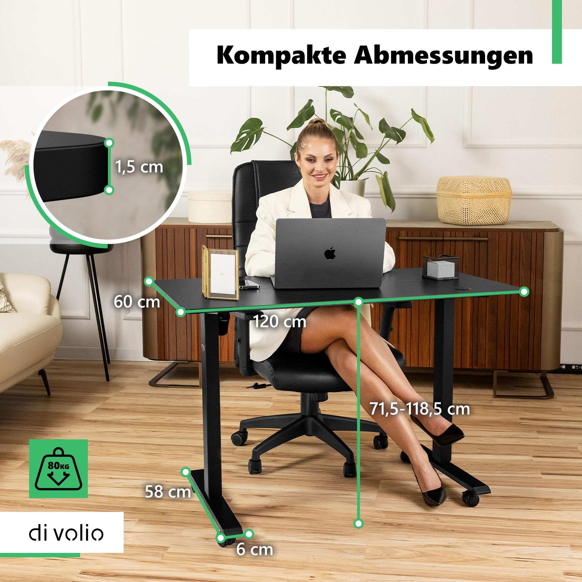 di volio Elektrischer Schreibtisch Höhenverstellbar Schwarz 120x60 cm Amone | Memory-Funktion, Sitz-Steh-Arbeitsplatz, Ergonomischer Bürotisch, Computertisch, Homeoffice, Stabile Konstruktion