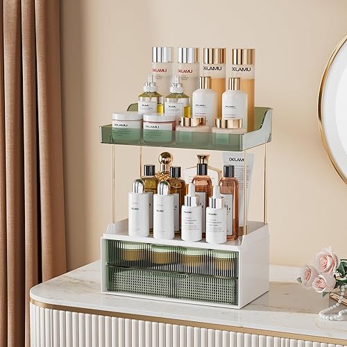 Vista 62 de Delamu Organizador y almacenamiento de baño, 2 niveles y 2 cajones, organizador de maquillaje, fácil de instalar, ideal para encimera de baño