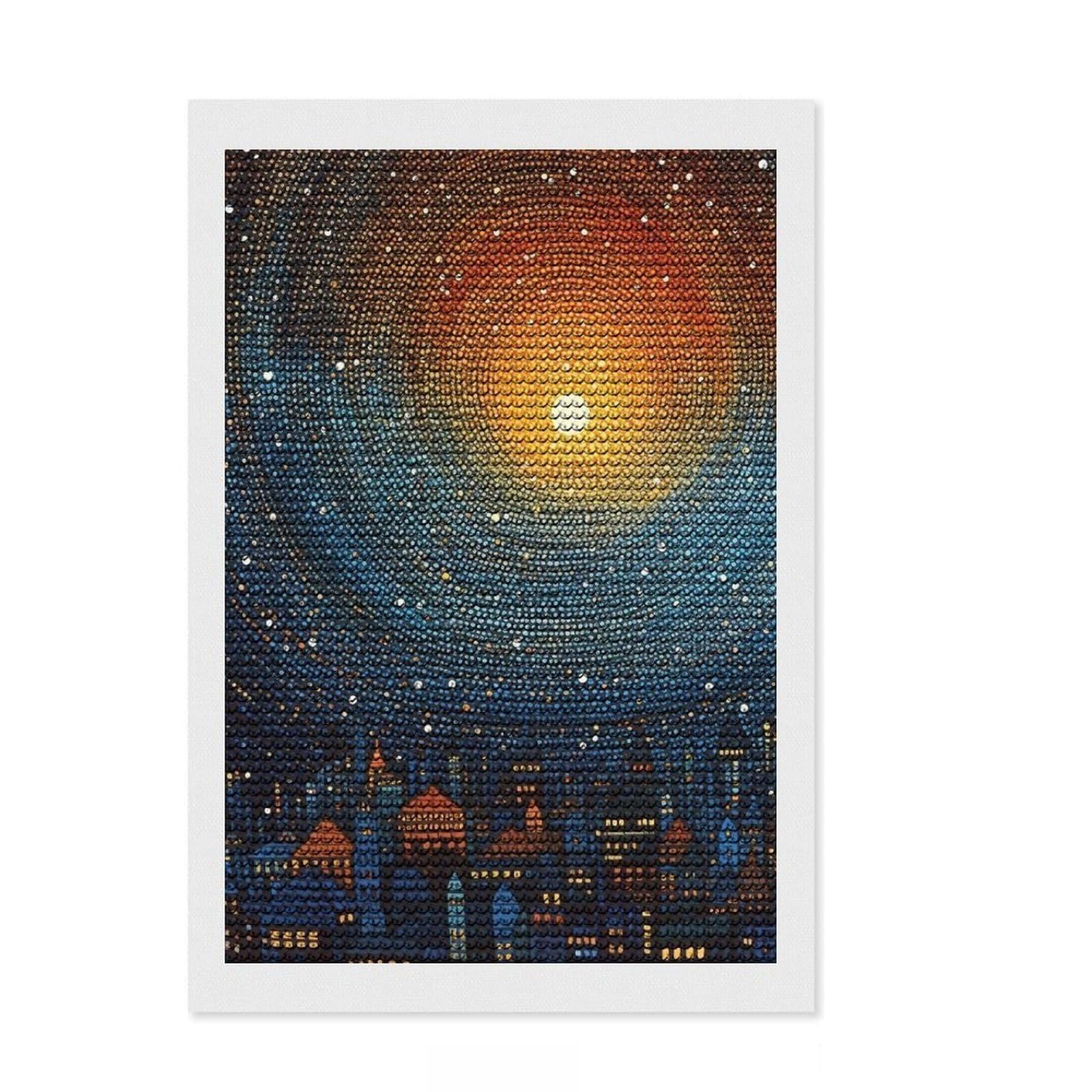 Junmoney Cityscape Under Starry Sky Diamond Art Canvas 8"x12", Decorate Your Room, Satisfying Creative Project, Full Kit Included, Aesthetic Room Decor