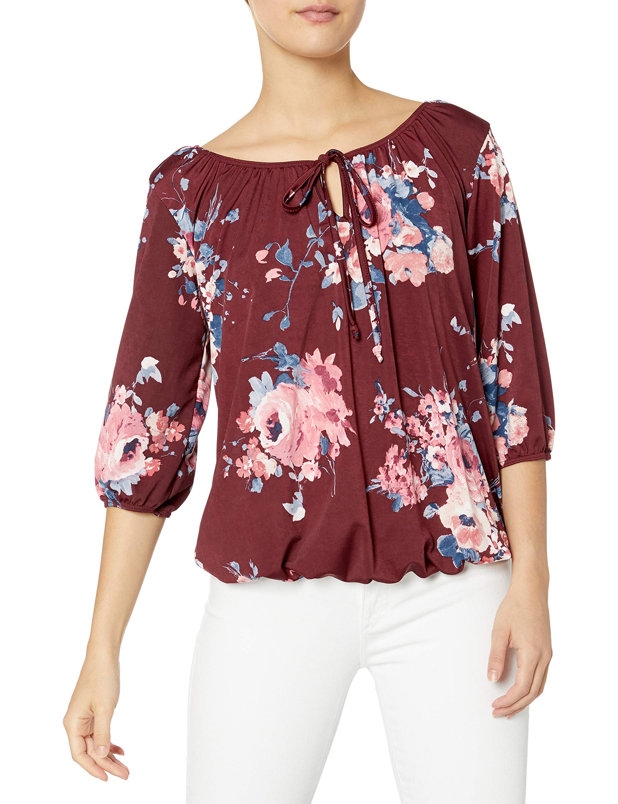 Star Vixen Women's 3/4 Sleeve Peasant Top Blouse, Burgundy/Floral, X-Large