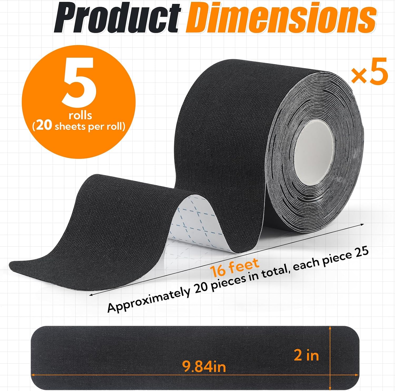 5 Rolls Kinesiology Tape, 100 Count Precut Strips, 2 inch x 16.4 Feet Waterproof Athletic Tape, Sports Tape Athletic, Precut Athletic Sports Tape, Muscle Tape for Pain Relief Joint Support (Black)