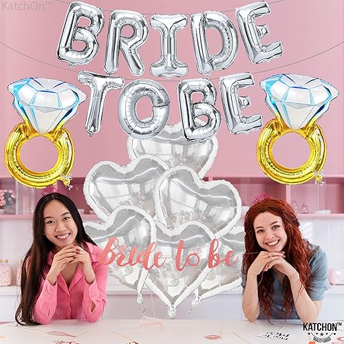 Miniatura 8 de KatchOn, Bride To Be Balloons - Juego de 17 globos plateados de 32 pulgadas, enormes globos de anillo de diamantes | Cortina de flecos iridiscentes