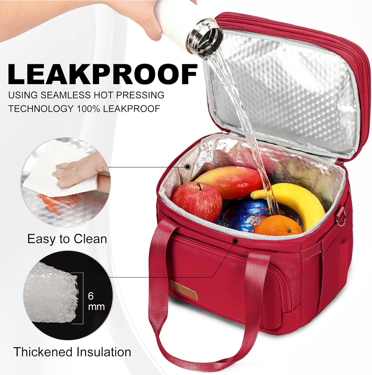 Lunch Box for Men Women - Double Deck Insulated Lunch Bag, Large Leak Proof Tote Cooler, Wide Open Dual Compartment Lunch Bags with Shoulder Strap, For Work Picnic Hiking Beach, Red - Image 2