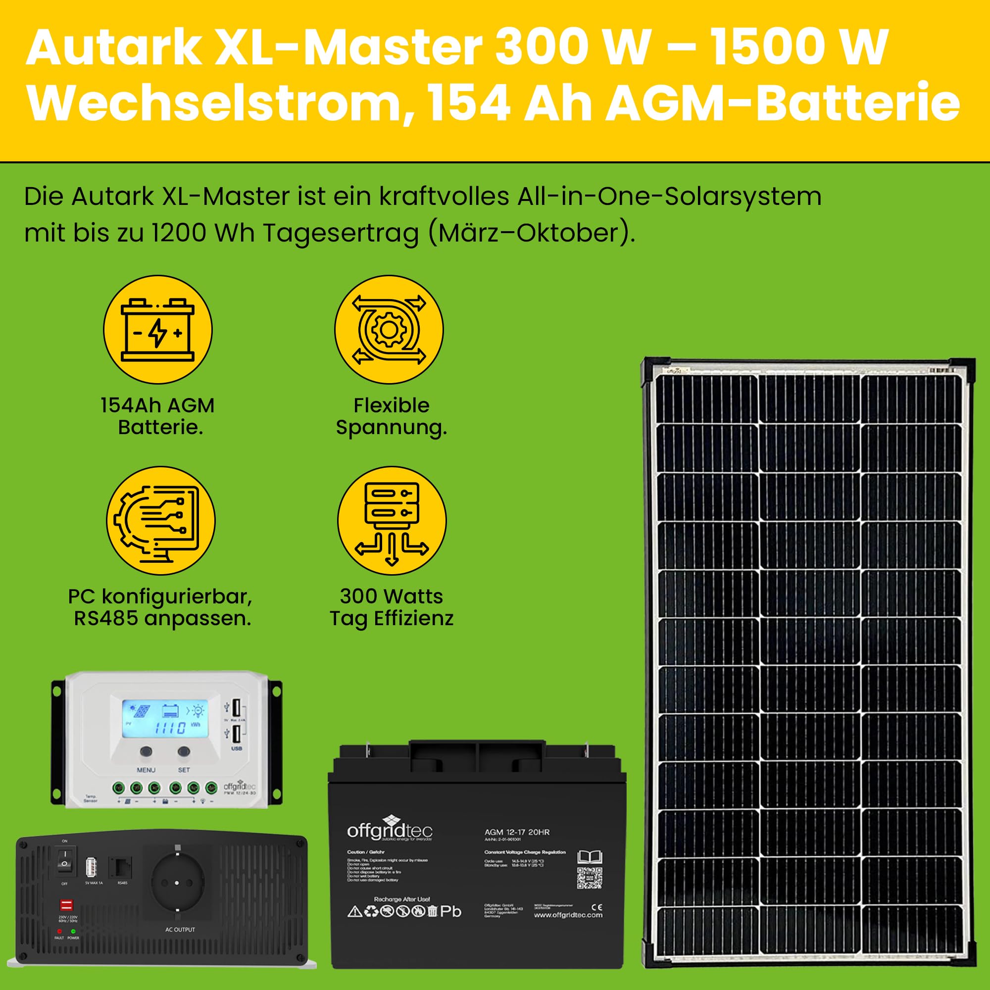 Offgridtec Autark XL-Master 300W Solaranlage - 1500W AC Leistung 154Ah AGM Akku
