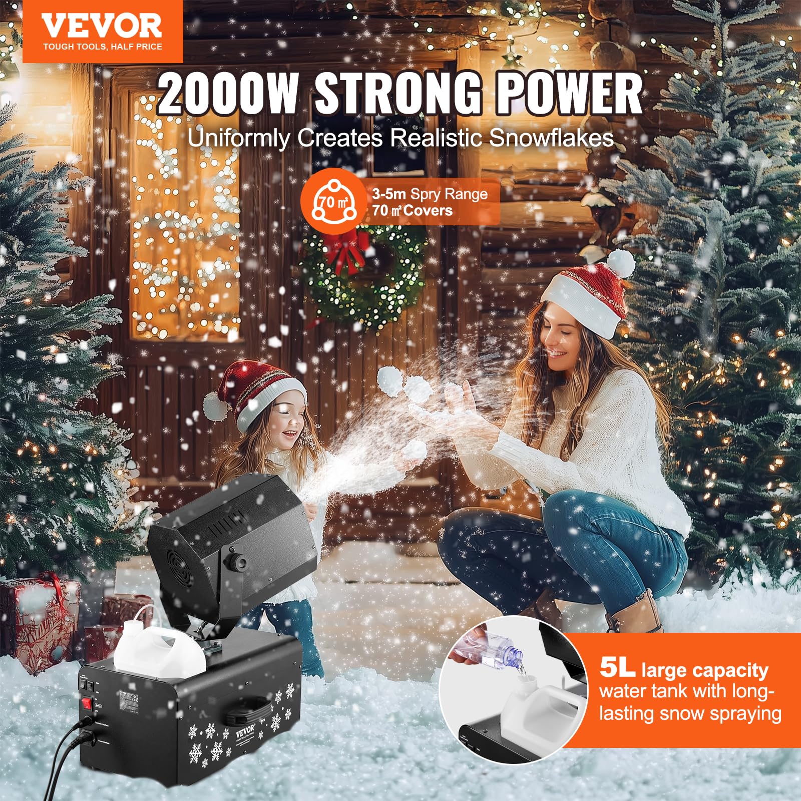 VEVOR Macchina per Neve 2000 W, Macchina Oscillante per Produrre Neve, Macchina per Fiocchi Neve con Telecomando Cablato e Wireless Serbatoio 5 L, Macchina Neve Finta per Feste di Natale Matrimoni