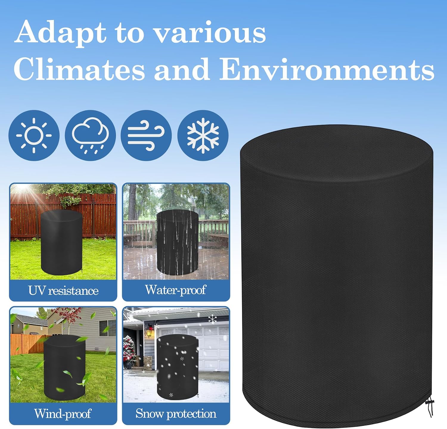 Klmnop 55 Gallon Drum Cover (2-Pack), 25 x 37 Inch 210D Oxford Cloth Waterproof Cover with Drawstring & UV Protection, Rain Barrel Covers for Outdoor Water Storage, Snow, Anti-Dust(Black) image 5