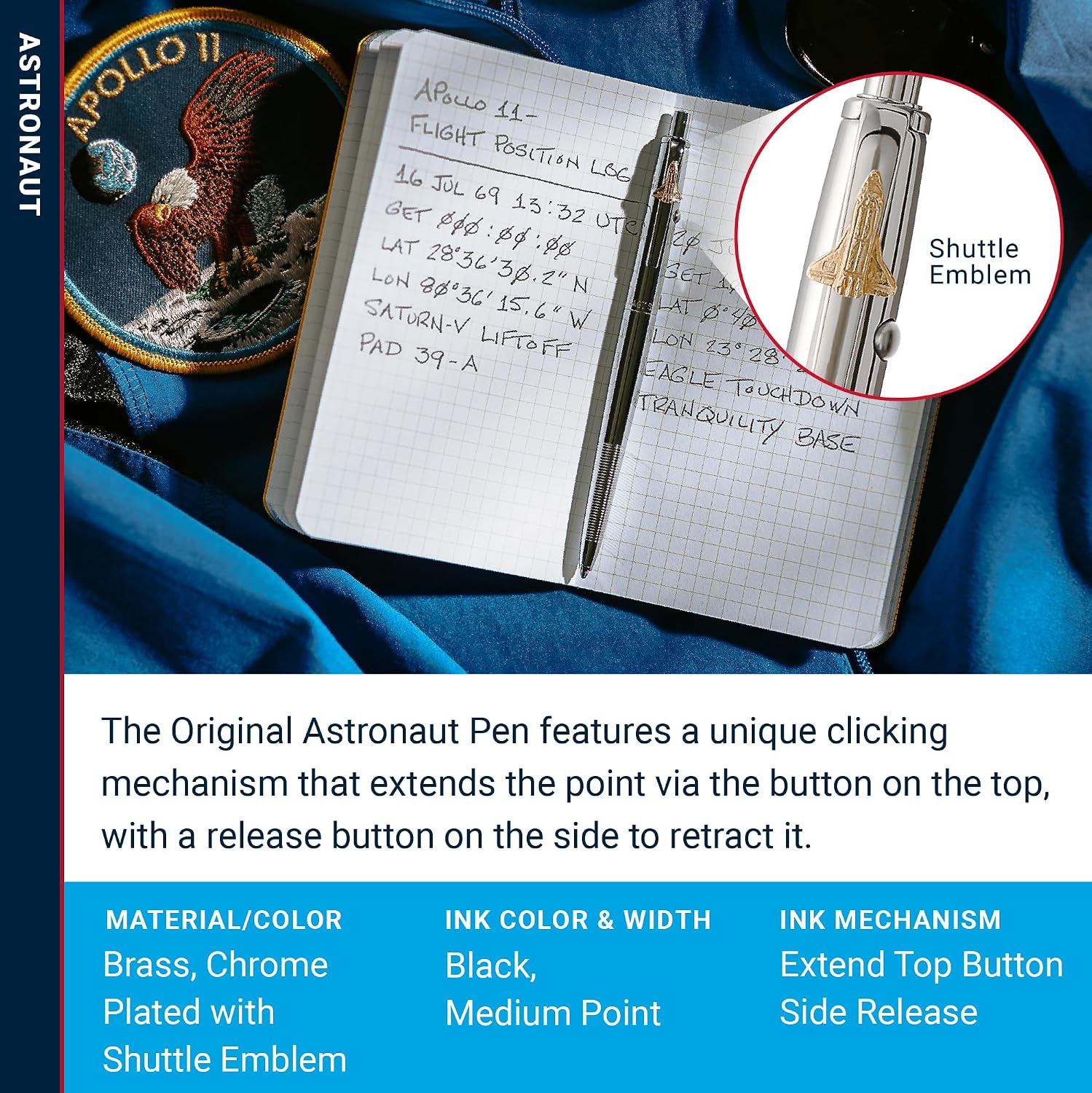 Fisher Space Pen Chrome Shuttle Emblem Original Astronaut Pen, Pressurized Ballpoint Pen Writes Upside Down, Extreme Temperatures, Black Ink, Medium Point, Pocket Clip, Gift Box, Made in USA