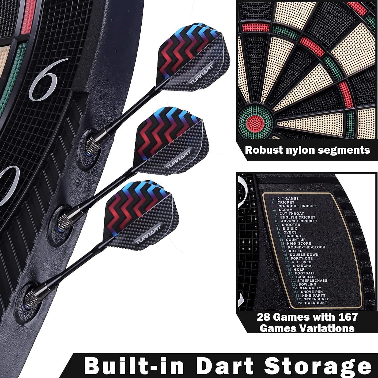 Turnart Electronic Dart Board 13.5" Dart Board with LED Display, 6 Soft Tip Darts, Red, Green