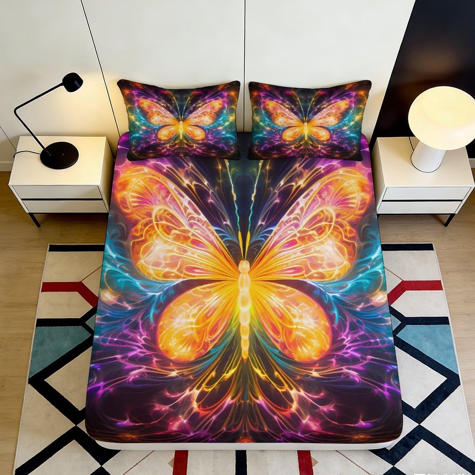 Pnayamiorkfel Style-5 3D Printed Neon Butterfly Fitted Sheet Microfiber Soft Vibrant Abstract Bed Cover For Bedroom Dorm Mattress Decor 90X200x25cm