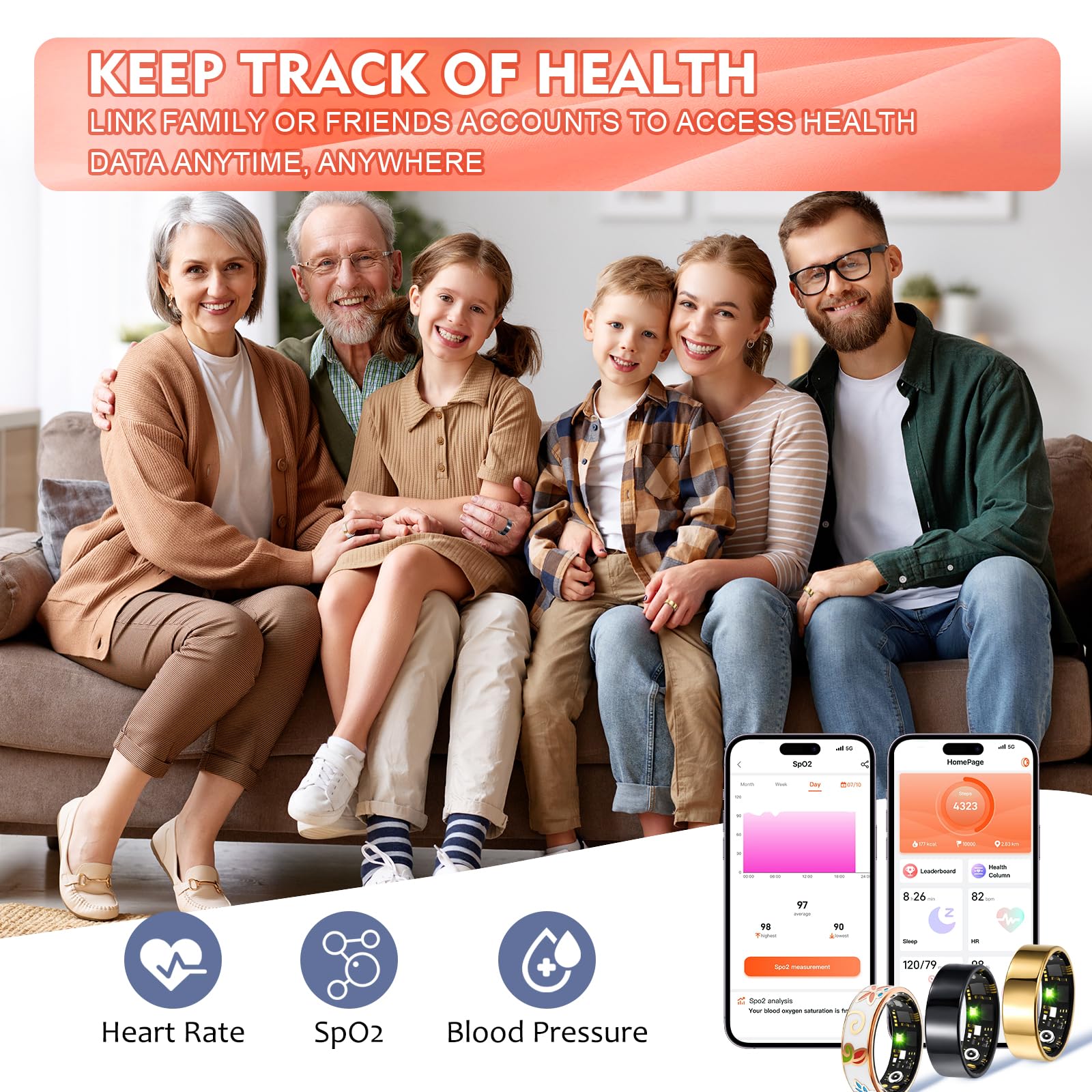 Smart Ring Health Tracker per donne e uomini, monitoraggio del sonno con frequenza cardiaca, SpO₂, pressione sanguigna, anello fitness per monitoraggio attività, senza abbonamento, anello Step Tracker