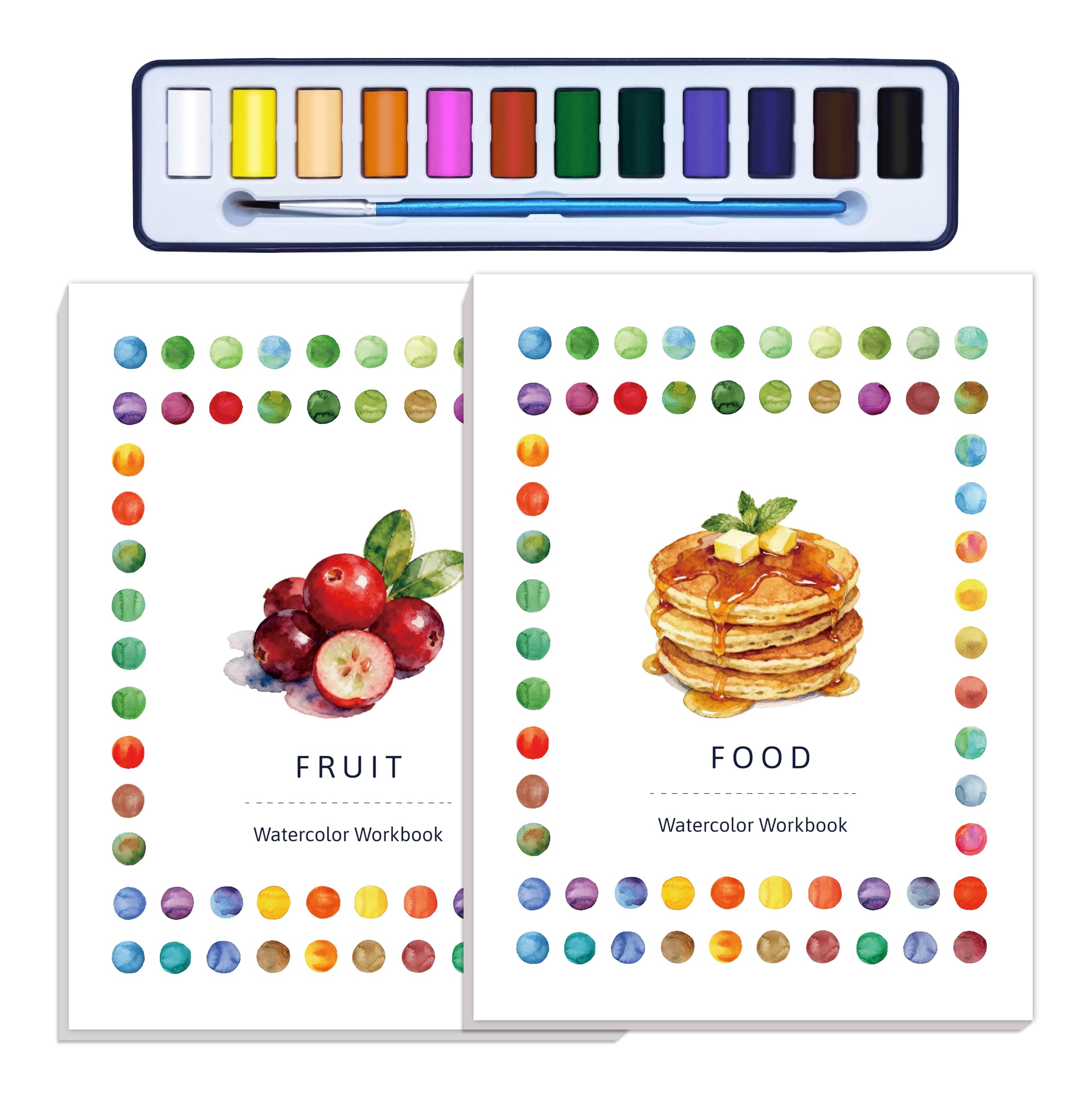 2Pcs Watercolor Workbook Creative Water Color Paint Book Set with Paints & Brush, 12 Patterns of Original DIY Designs, Beginner-Friendly Adult Coloring Books (F&F)