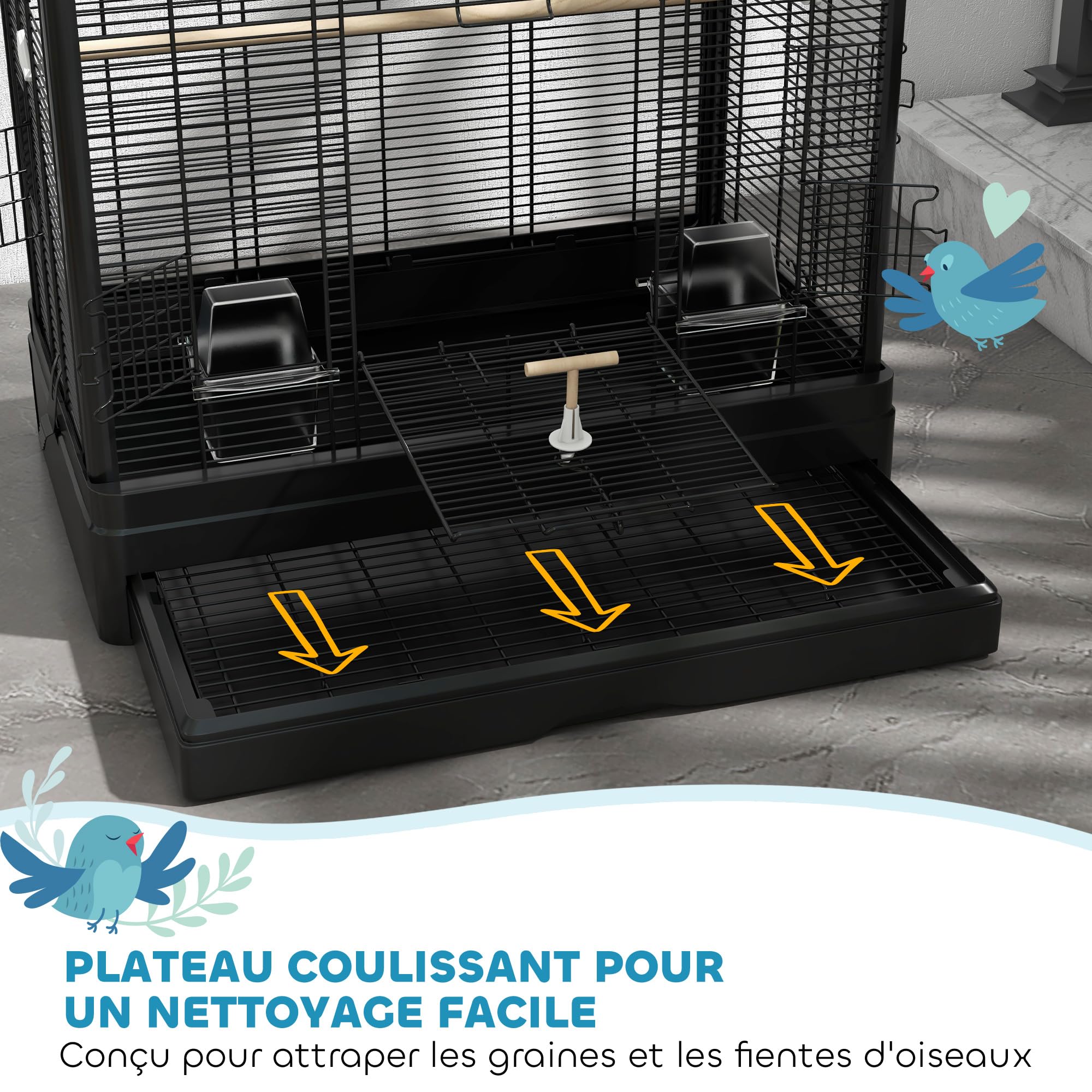 PawHut Cage à Oiseaux Volière avec Portes Perchoirs 61 x 36,5 x 98 cm Noir