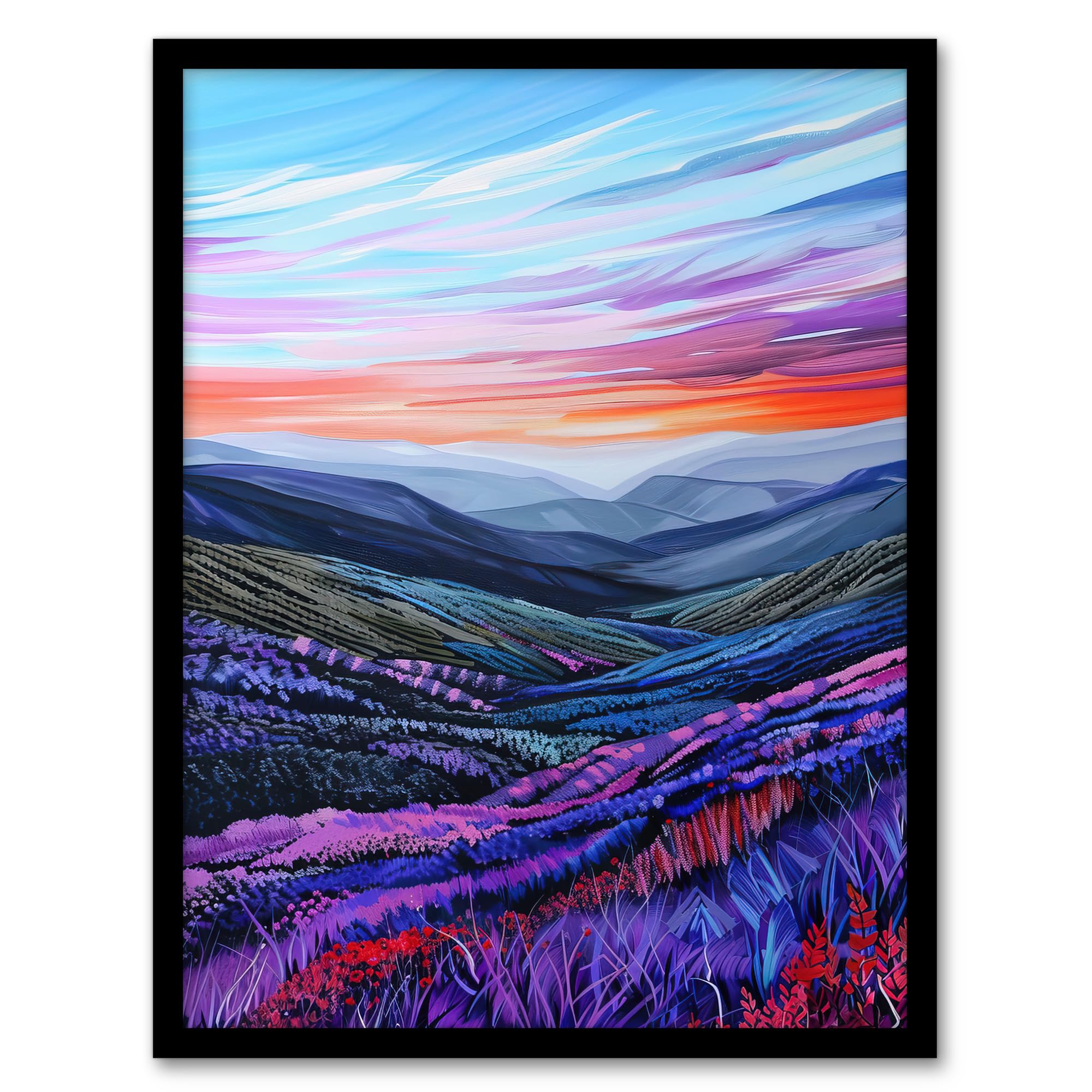 Artery8 Scottish Heather Fields Artwork Purple Hills Living Room Artwork Framed Wall Art Print A4