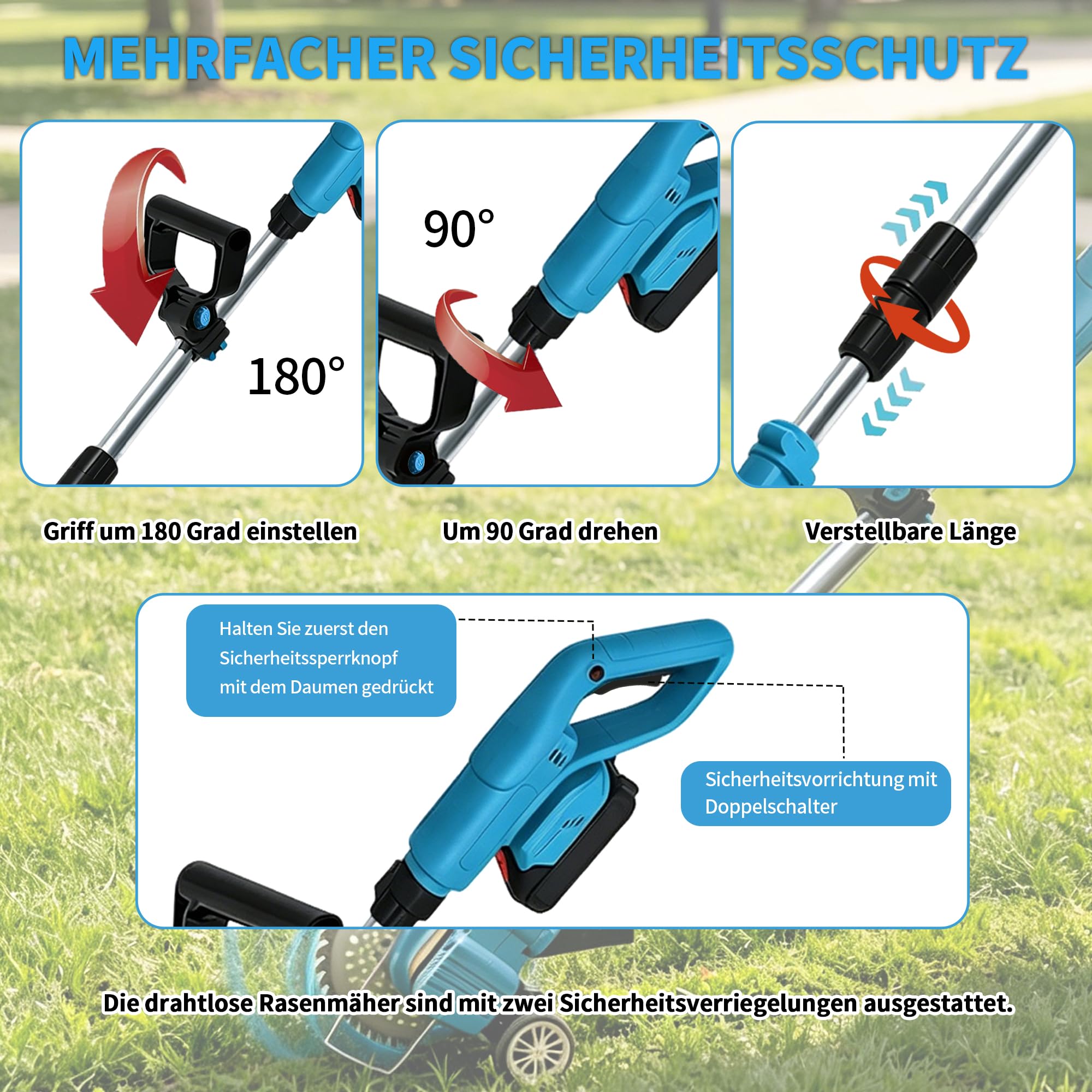 Akku Rasentrimmer kompatibel mit Makita-Akkus mit 4 verschiedenen Messertypen Bürstenloser Rasentrimmer mit 2 x 21V-Akkus Rasenkantenschneider Akku-Motorsense für Garten