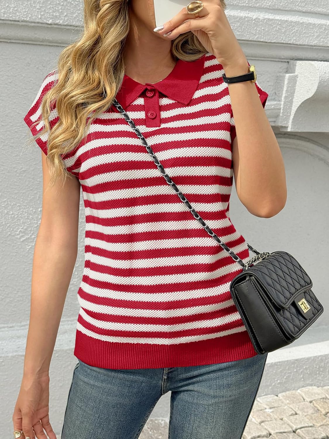 Saodimallsu Womens Striped Polo Sweater Cap Sleeve Summer Top Button V Neck Collared Knit Pullover Shirts - Image 2