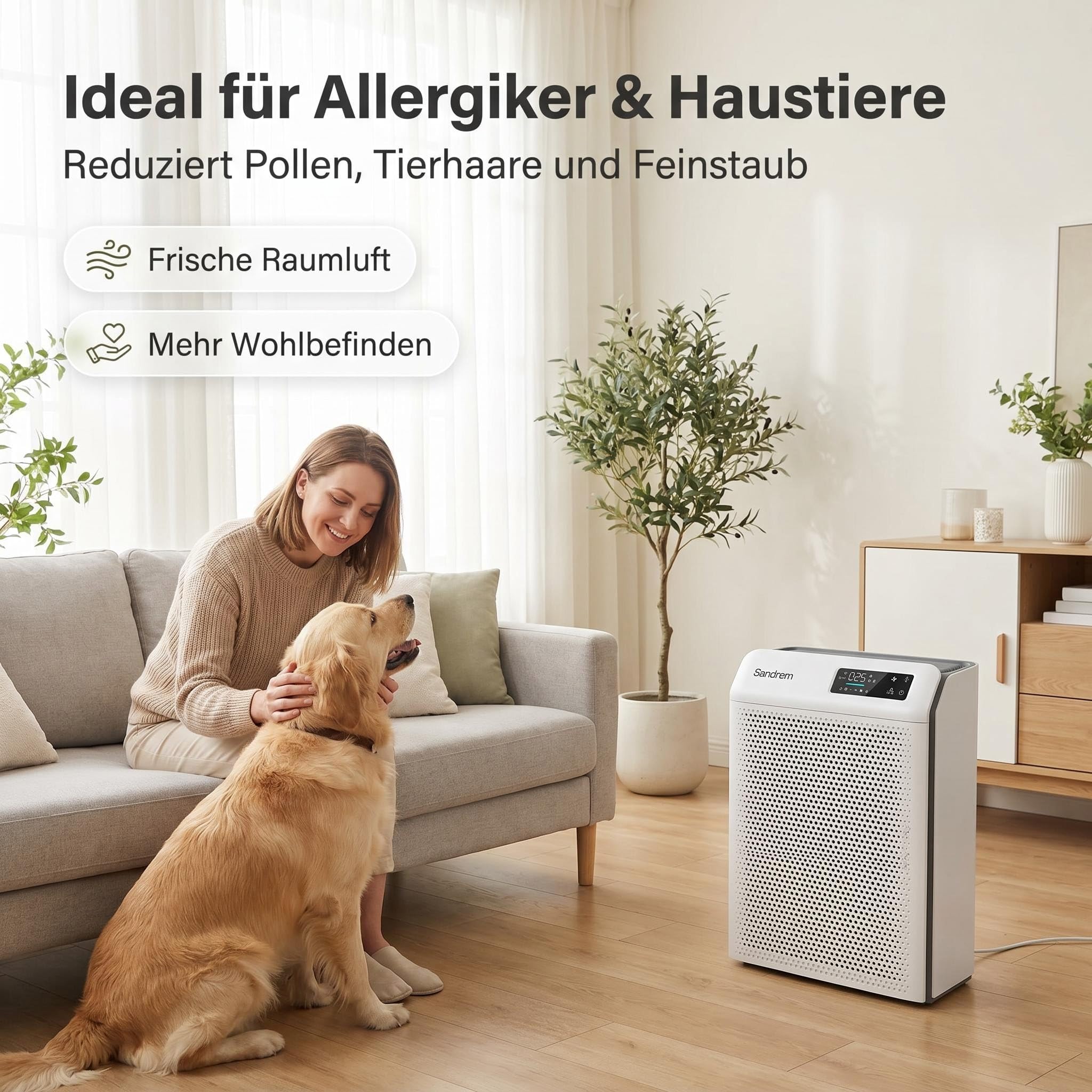 Luftreiniger für Allergiker, CADR 300 m³/h mit H13 HEPA Filter gegen Pollen, Staub, Tierhaare & Gerüche, Luftqualitätssensor mit Automatikmodus, Smart APP, Ionisator & UV-C für Schlafzimmer