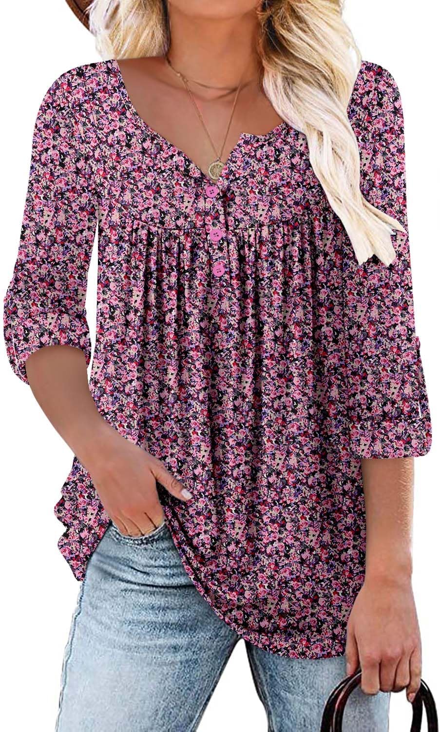 ROSELINLIN Womens Long Sleeve Tunic Tops Floral Fall Blouse Shirts