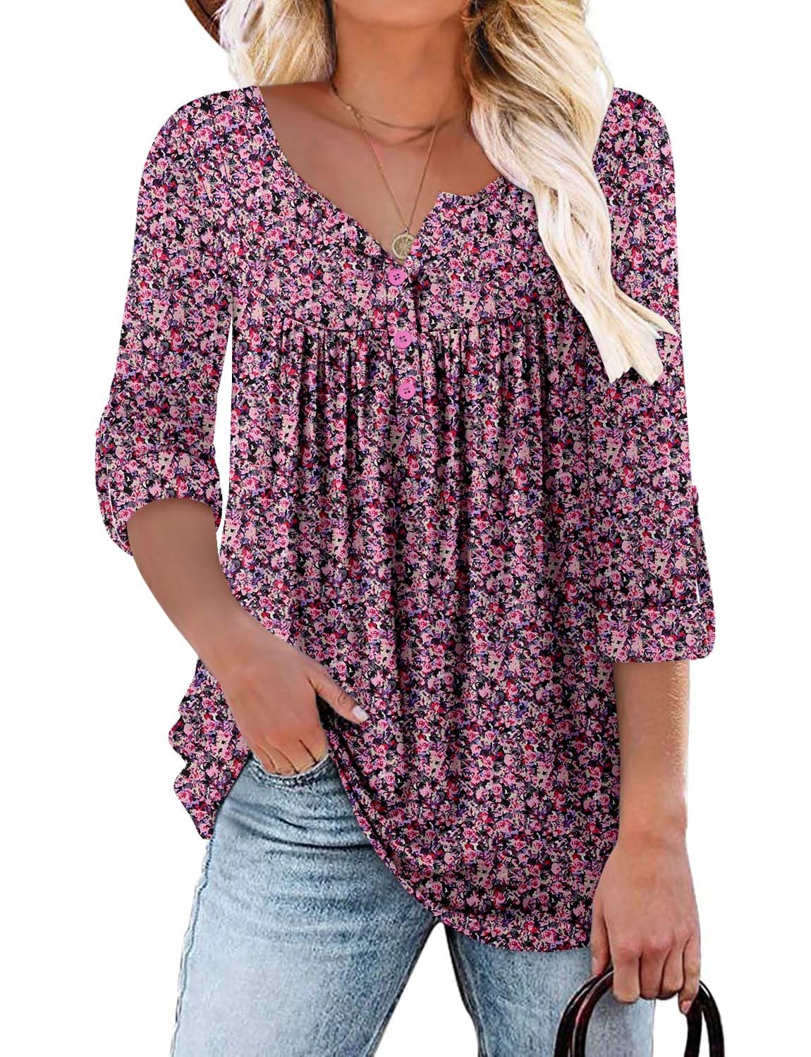 KISSMODA Ladies Pleated Tunic Tops for Women Buttons up Long Sleeve Shirts Floral Print — view 24