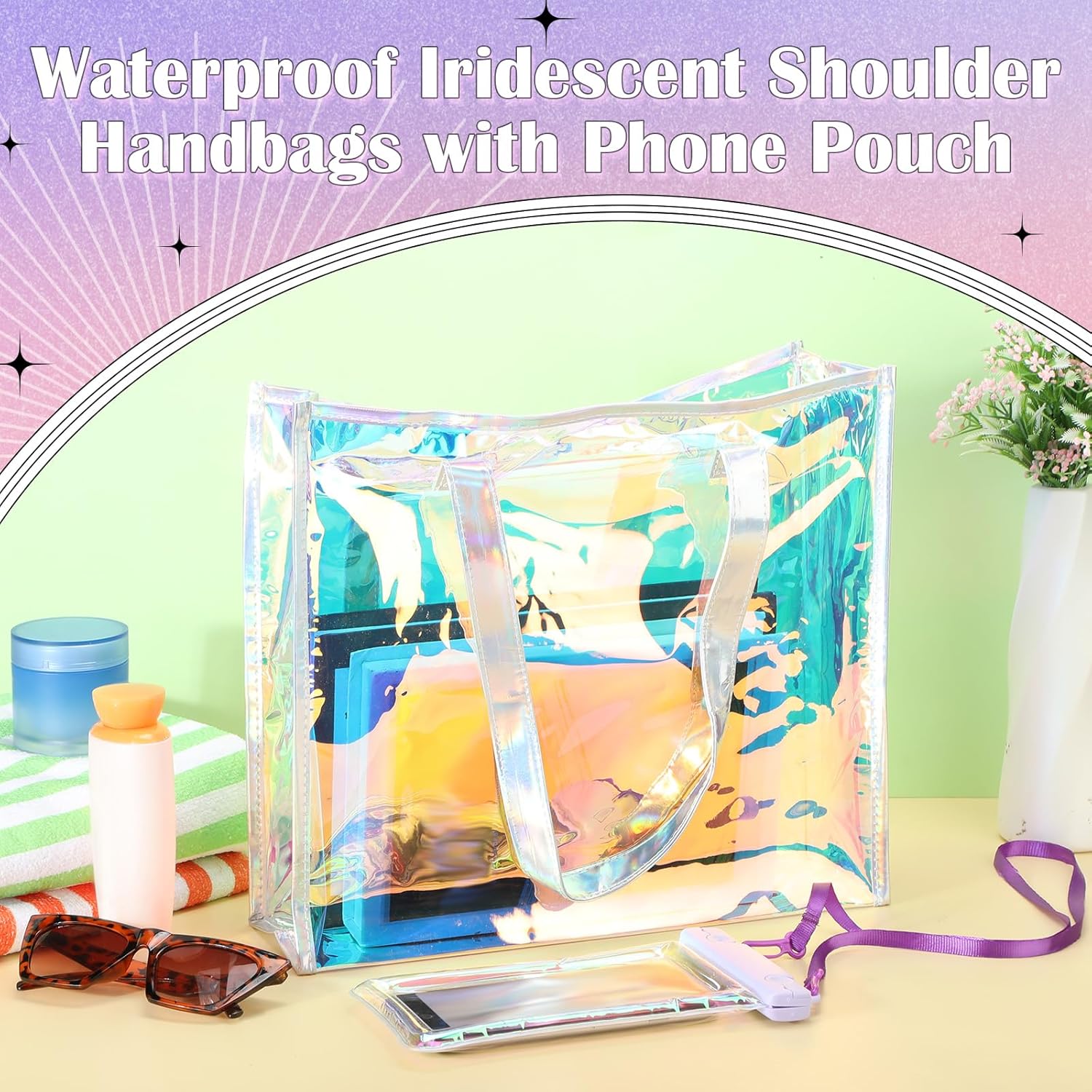 4 Sets Beach Totes Bags for Women Waterproof Iridescent Shoulder Handbags with Phone Pouch Clear Beach Bag, Foldable & Washable Tote Bag for Work Gym Pool, Travel Wedding, Compatible