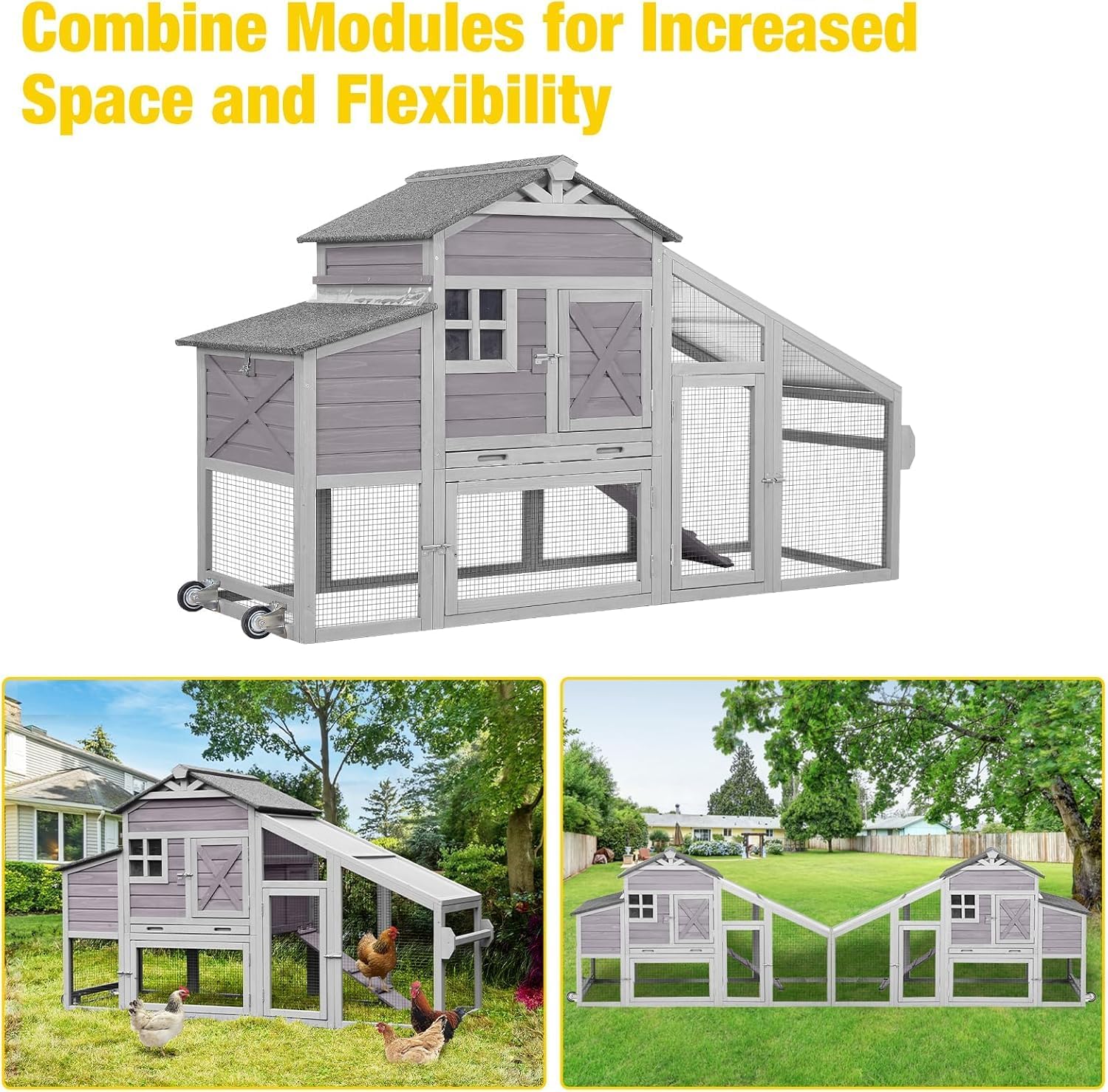 AIVITUVIN Mobile Chicken Coop with Nesting Box on Wheels, Wooden Poultry Cage for 2-4 Chickens, Rabbit Hutch with Pull-Out Tray for Easy Cleaning, Outdoor Garden Backyard Run