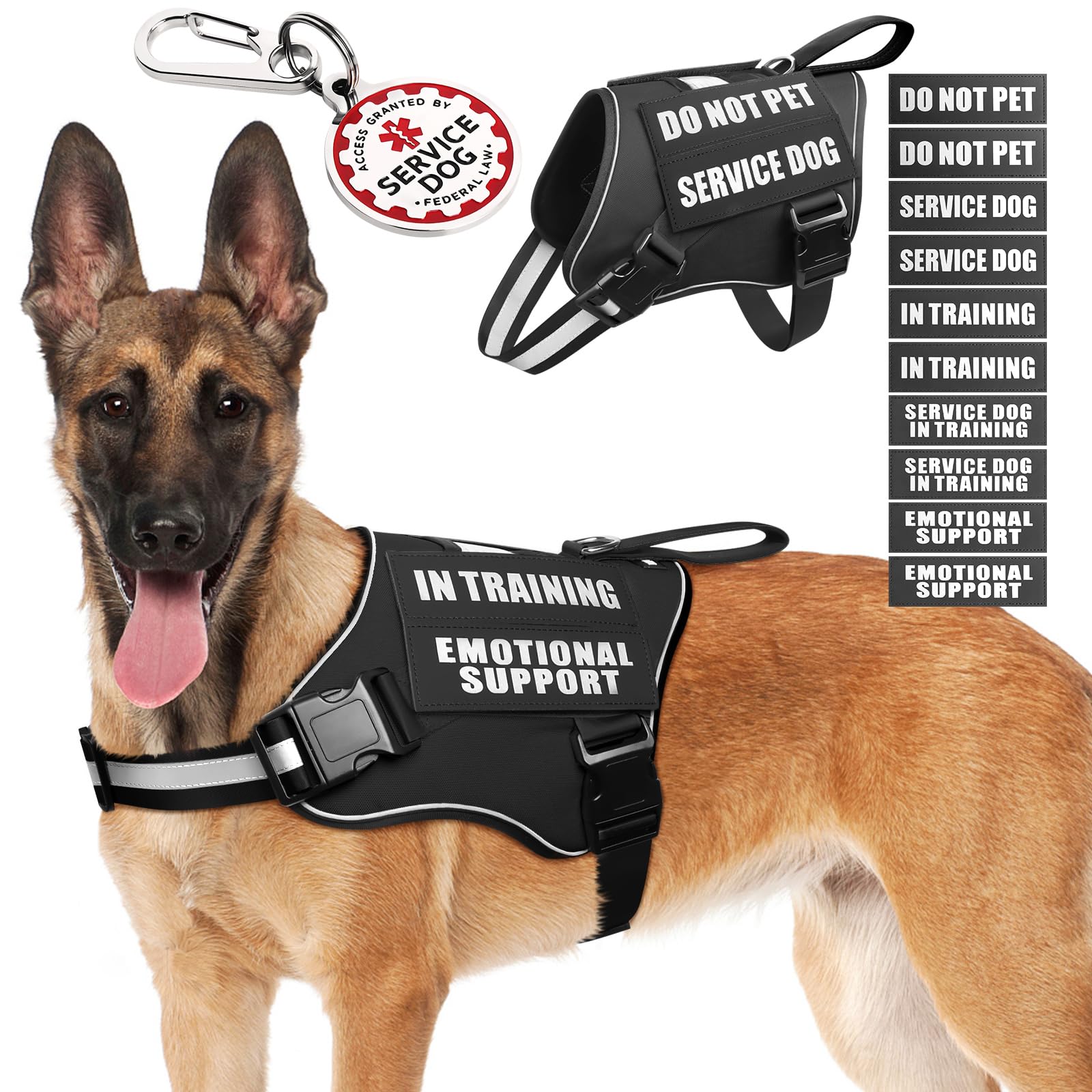 MOOGROU Service Dog Vest Harness+ID Tag+10 Patches,Durable Metal Serivce Dog Tag&Reflective Emotional Support Dog Vest with Handle for Large Dogs,Easy Put On/Off for Training/Walking/Everyday Black L