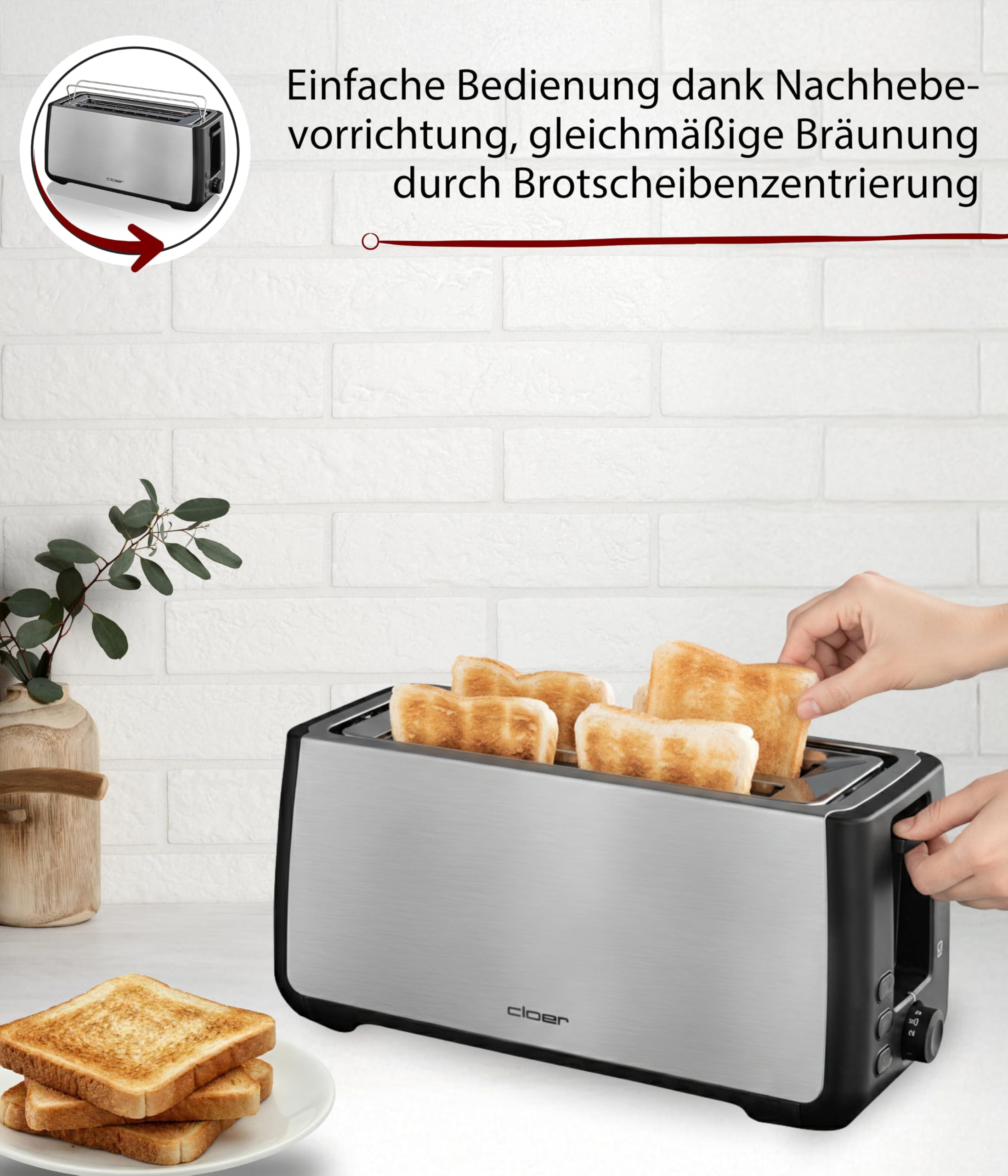 Cloer 3810 Broodrooster met lange sleuf voor 2 schijven, 880 W, „Menggranenbroodfunctie- voor het perfect roosteren van gemengd graanbrood, geintegreerde broodjesopzet, mat roestvrijstalen behuizing : Stars on 45