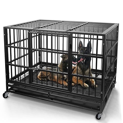 WOKEEN 48 Inch Heavy Duty Dog Crate Cage Kennel with Wheels, High Anxiety Indestructible Dog Crate, Sturdy Locks Design, Double Door and Removable Tray Design, Extra Large XL XXL Dog Crate., Black