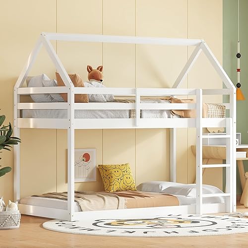 Miniatura 46 de Litera baja individual sobre individual, base de cama de madera maciza con escalera y barandillas de seguridad, literas individuales para niños y