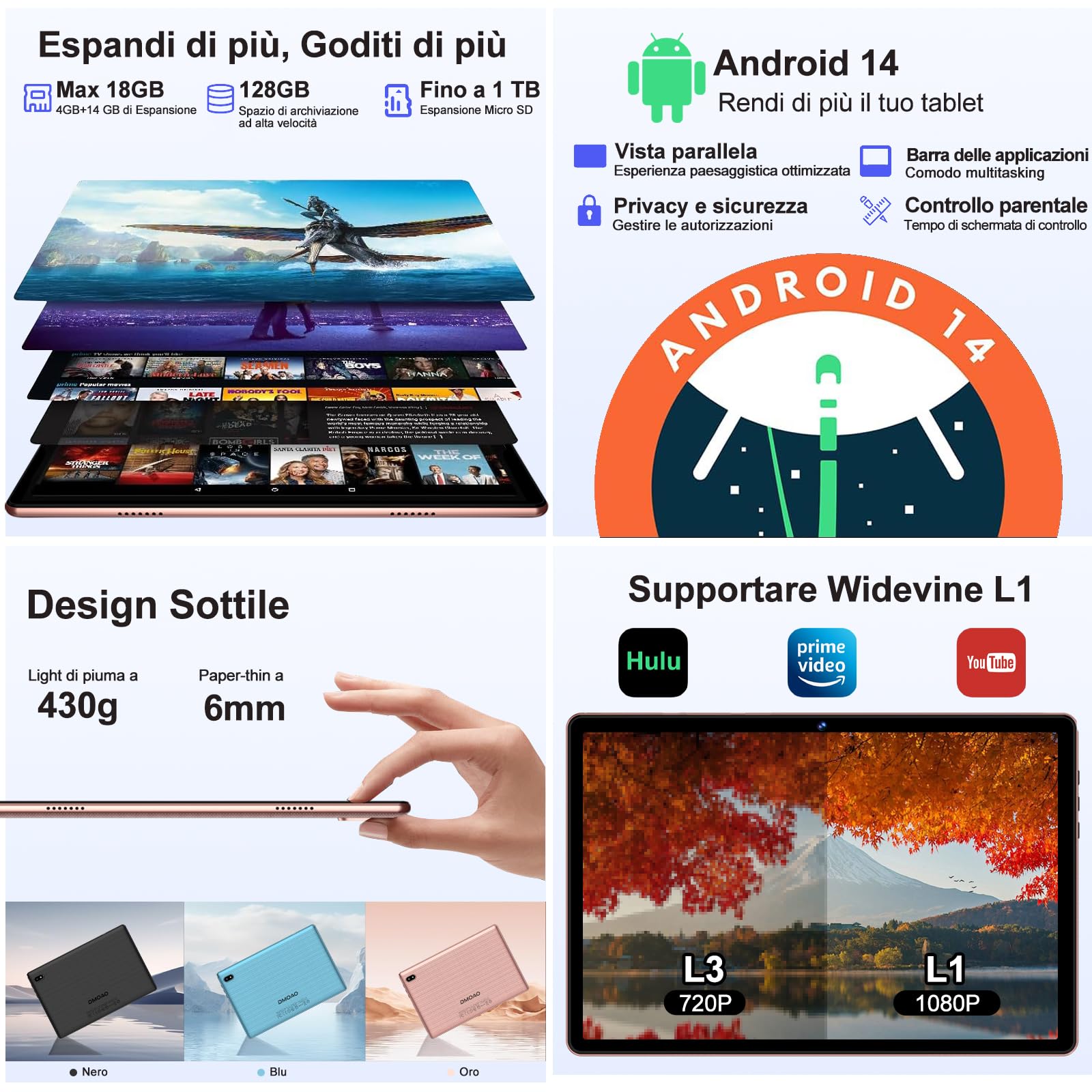 DMOAO Tablet 10 Pollici Android 14 con 18GB RAM + 128GB ROM(TF 1TB), HD Tablet con 5G Wi-Fi 6, Widevine L1, Octa-Core 1.8 GHz, USB-C, BT 5.0, 6000mAh,Custodia, Oro Rosa