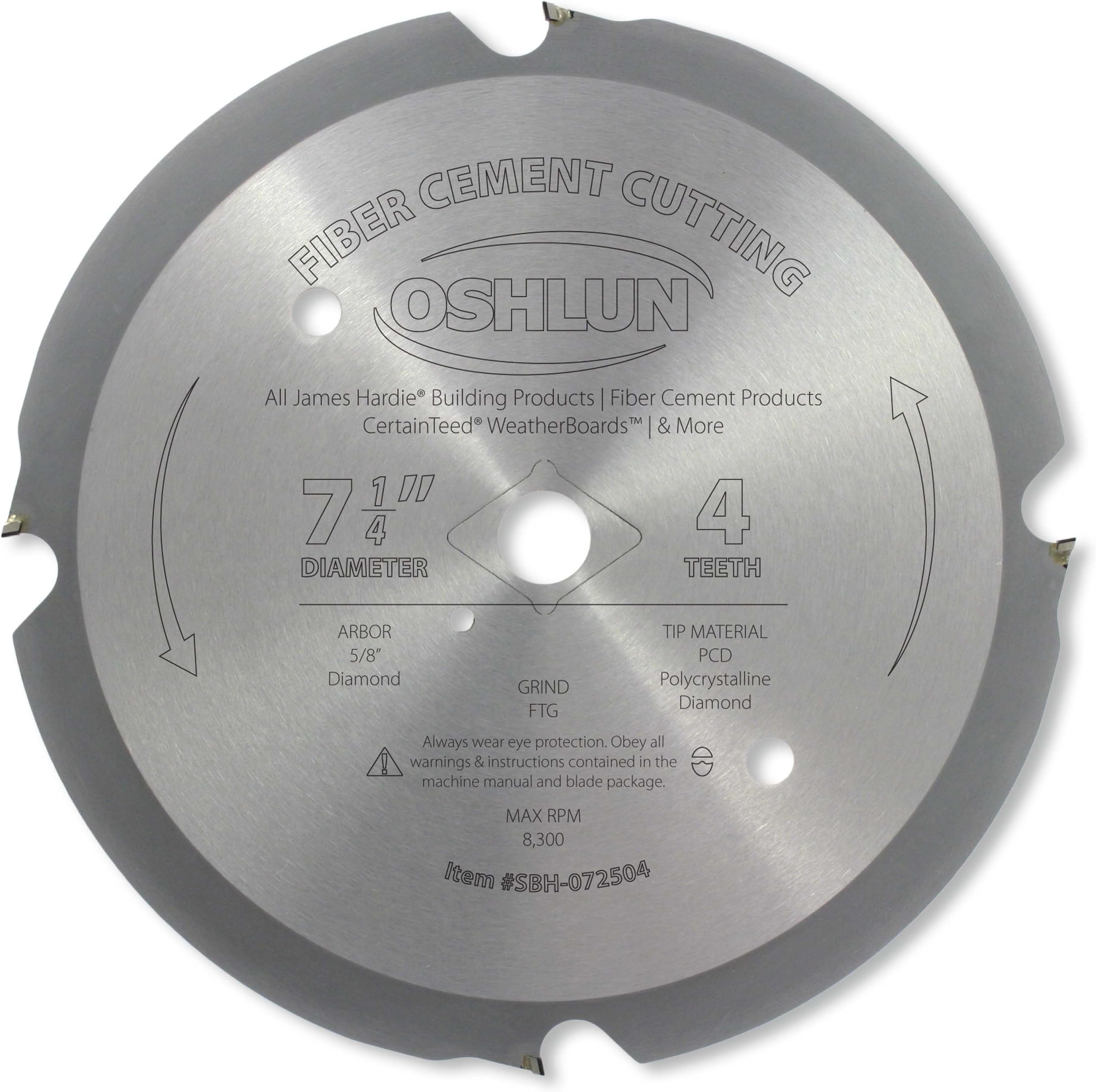 Oshlun SBH-072504 7-1/4-Inch 4 Tooth PCD Saw Blade with 5/8-Inch (Diamond Knockout) for Fiber Cement