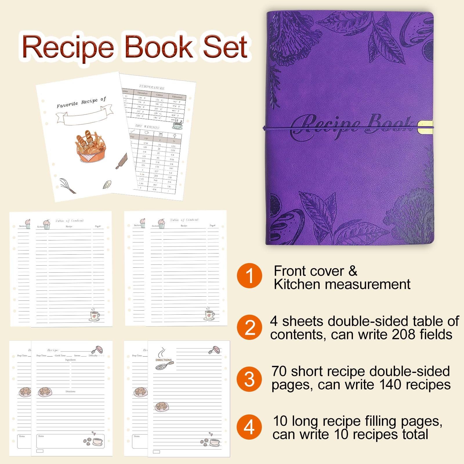 Libro de recetas en blanco para escribir en tus propias recetas, cuaderno de recetas de cuero, diario de recetas con capacidad para 150 recetas (recetas largas y recetas cortas) (color