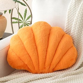 Shell Pillow, Seashell Throw Pillow with Soft Rabbit Plush for Couch Bed, Shell Shaped Decorative Ocean Pillow Stylish Beach Cushion Room Aesthetic Home Decor Orange, 18 X 13 Inches