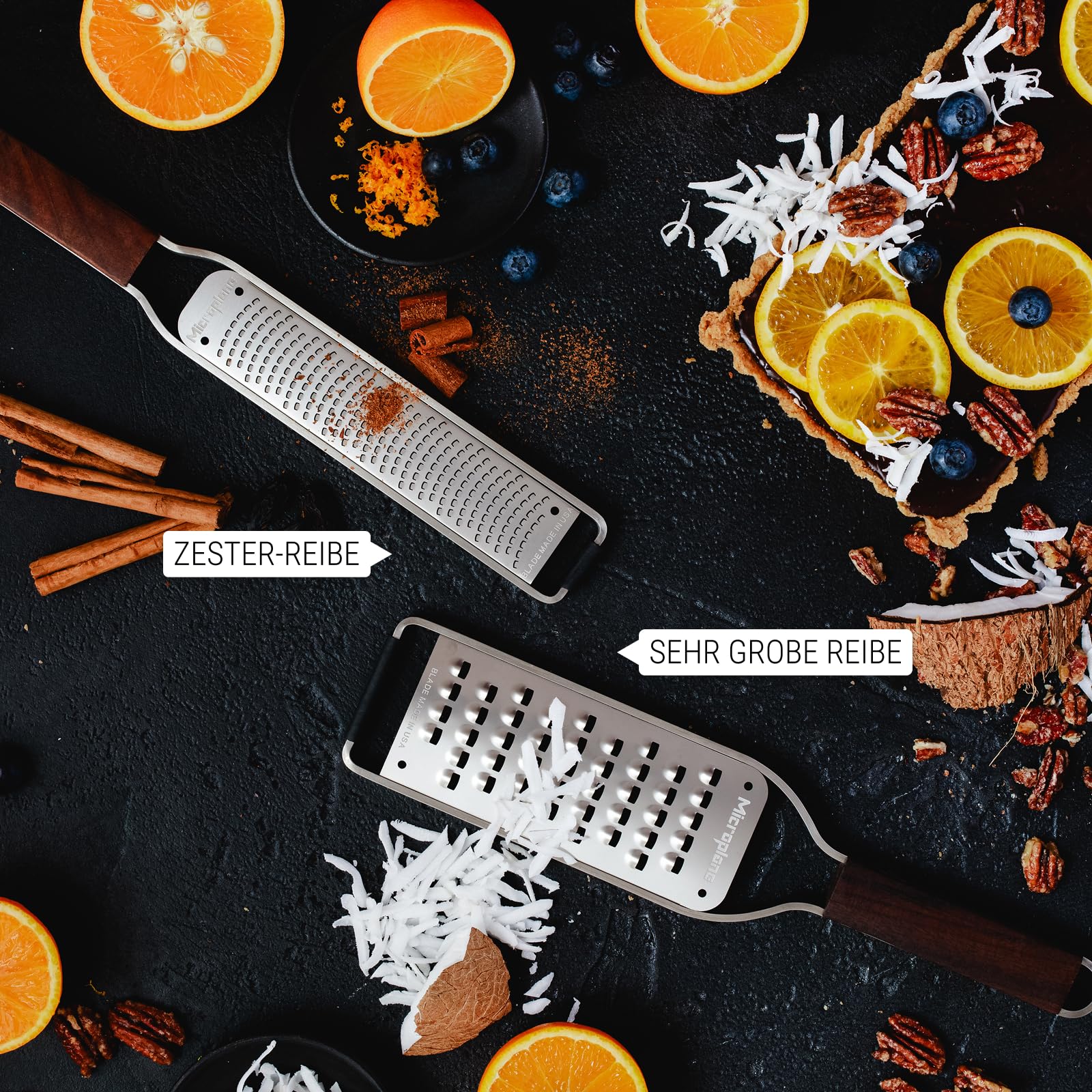Microplane Reiben-Set (Zester & Extra-Grob) für Zitrusfrüchte, Hartkäse, Muskatnuss, Kartoffeln, Karotten & Zucchinis aus der Master-Serie mit Walnussholzgriff und Edelstahlklingen - Made in USA