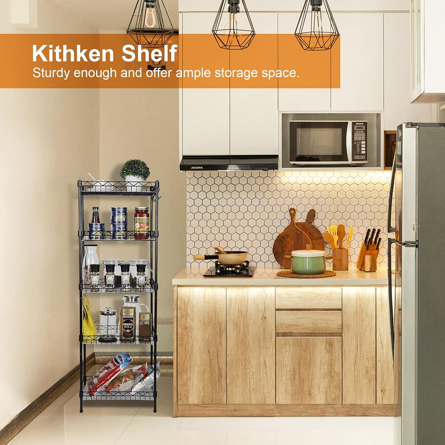 ELYKEN 5 Tier Wire Shelving Unit with Baskets, 15.7 x 11.8 x 48.6 Inches, Adjustable Metal Storage Rack for Pantry Closet Kitchen Laundry Bathroom, with 5 PP Sheets, Removable Hooks, Black
