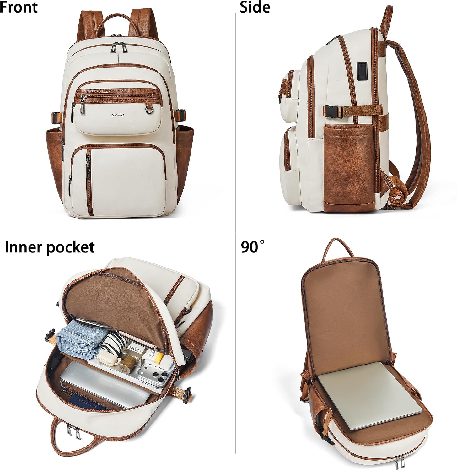 Vegan Leather Backpack, TSA Travel Backpack for Men and Women, Fits 17.0 Inch Laptop with Luggage Strap, Beige